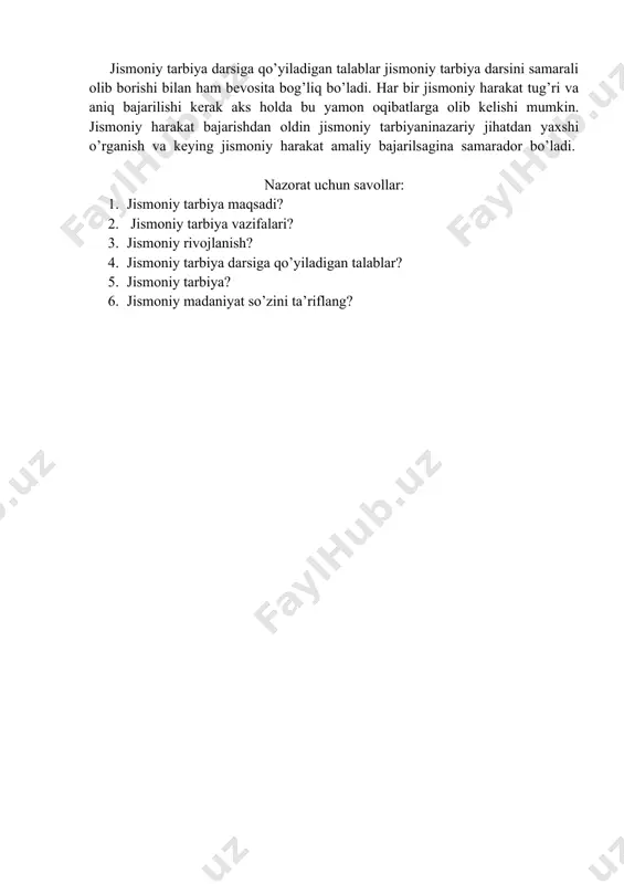 undan keyin ham ishtimoiy ishlab chiqarishning va inson hayotining zaruriy shartlaridan biri sifatida davom yetaveradi. jismoniy tarbiyaning ishtimoiy hodisa o’zga xos xususiyati shundan iboratki u asosan jamiyatga inson ijtimoiy qobilayatlarining rivojlantiruvchi vosita sifatida xizmat qiladi:ayni paytda uning ma`naviy kamolotiga ham kuchli ta`sir ko’arsatadi. 5. jismoniy madaniyat – bu umumiy madaniyatning bir qismi, halq jismoniy barkamolligi maxsusu vositalarni yaratish hamda foydalanish ishida jamiyat yerishgan muvoffaqiyatlarning yig’indisidir. sixat salomatlik darajasi, jismoniy qoblyatning har taraflama rivojlanishi, spotr cmahorati va kishilarning kundalik hayotiga jismoniy tarbiya vositalarning singip ketishi anashu yerishilagan muoffaqiyatlarning jiddiy ko’rsatkichidir. fizqo’ltura sohasida yerishilgan muoffaqiyatrlarga jismoniy tarbiaya vazifalarini hal etish bilan bevosita bog’liq bo’lagn jamiyat hayotida paydo bo’lib rirojlanadigan narsalarning hammasini ham kiritish kerak jismoniy tarbiya nazariyasi asosiy tushunchalari orasida jismoniy madaniyat eng keng qamrovli tushunchadir. jismoniy tarbiya nazariyasining yuqorida bayon yetilgan asosiy tushunchalari o’zaro chambarchas bog’langandir. chunki ushbu tushunchalarda aks yetirilayotgan hodisalar o’rtasida obektiv ichki aloqa bor. binobarin bu tushunchalarni bir …