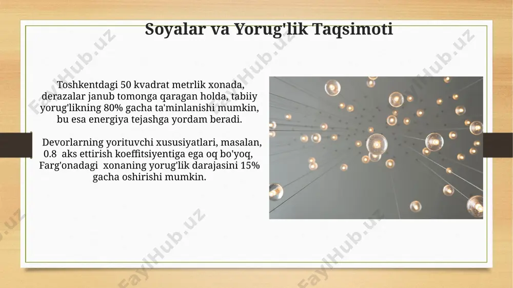i ortiqcha qizdirishi mumkin, shuning uchun soyabon yoki boshqa himoya choralari talab qilinishi mumkin. derazalarning kengligi va balandligi, masalan, 1,5x2 metr o'lchamdagi derazalar toshkentdagi ko'p qavatli uylarda keng tarqalgan bo'lib, ularning joylashuvi xonaning yorug'lik darajasiga sezilarli ta'sir ko'rsatadi. xona yalıtımının kamchiliklari qo'shimcha yalıtım qatlami devorlarning umumiy qalinligini 15-20 sm ga oshirishi mumkin, bu esa kichik xonalar maydonini sezilarli darajada kamaytirishi va andijon viloyati kabi zich joylashgan hududlarda joy etishmasligiga olib kelishi mumkin. xona yalıtımının samaradorligi past haroratlarda, masalan, -15°c dan past haroratlarda, toshkent kabi sovuq iqlimli hududlarda sezilarli darajada kamayishi mumkin, bu esa energiya sarfini oshiradi. xona yalıtımı tushunchasi xona yalıtımida ishlatiladigan 10 sm qalinlikdagi mineral jun qatlami, farg'ona vodiysidagi namlik sharoitlarida ham, namlikdan himoya qiluvchi qoplamalar bilan birgalikda, issiqlik yo'qotishni 20% ga kamaytirishi mumkin. o'zbekistonning janubiy hududlarida, qarshi kabi, quyosh nuri intensivligi yuqori bo'lganligi sababli, xona yalıtımida issiqlik o'tkazuvchanligi 0,04 vt/(m·k) dan kam bo'lgan materiallarni qo'llash juda muhimdir. tabiiy …