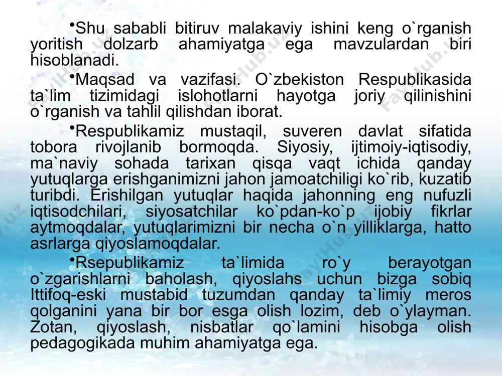 milliy istiqlol g`oyalari, talablari asosida tashkil etish; jamiyatimiz qadam qo`yayotgan xxi asr ta`limini taraqqiyot, ma`naviy-madaniy qarashlar ruhida bo`lishini, eng muhimi, jahon andozalariga javob bera oladigan darajada bo`lishini ta`minlashdir. shu maqsadlarni amalga oshirish yo`lida bajaradigan dastlabki tshkiliy tadbirlarning ayrimlarini ko`rib chiqamiz. avvalam bor, bu ikki qonunni ta`lim muassasalari amaliyotiga tadbiq qilish maqsadida alohida istiqbol dasturi ishlab chiqilib, vazirlik hay`ati majlisida tasdiqlandi. bu xujjatlarning maqsad va mohiyati barcha vositalar orqali ta`lim muassasalarida, ota-onalar, aholi o`rtasida keng tushuntirildi. ta`limga oid me`yoriy xujjatlar: konsepsiyalar, davlat ta`lim standartlari, talablari, o`quv rejalari va dasturlari nizomlar va boshqa me`yoriy xujjatlar yuqoridagi ichki qonun moddalariga muvofiqlashtirildi. respublikada uzliksiz ta`lim tizimi uzil-kesil shakllantirildi. ii-bob. ta`lim tizimini takomillashtirishda yangi pedagogik texnologiyalardan foydalanish. ii.1. ta`lim taraqqiyotini yuksaltirishda zamonaviy pedagogik texnologiyalardan foydalanishning o`rni. barkamol avlod, komil insonni tarbiyalash bu jamiyatimiz oldida turgan eng muhim, muqaddas vazifadir. bu muammoni bajarmasdan na iqtisodiy, na ijtimoiy va ma`naviy sohada qo`yilgan maqsadlarga erishib bo`lmasligini chuqur anglagan …