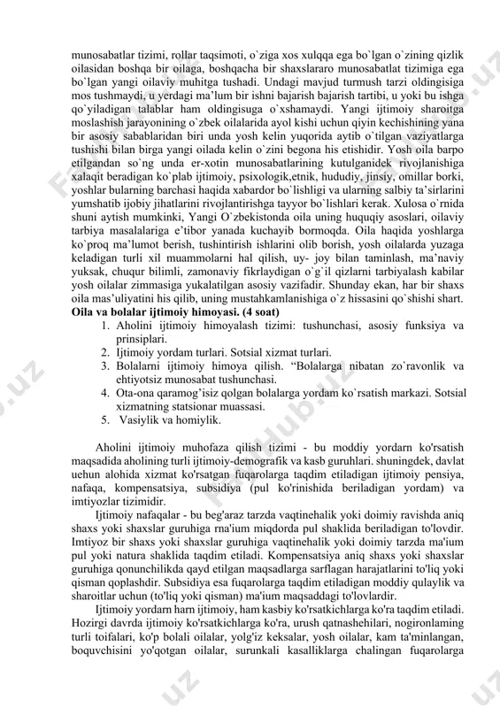 vazifasi o`zaro jismoniy, moddiy, ma’naviy hamda psixologik, yordam ko`rsatish, bir-birining salomatligini mustahkamlash, oila a’zolari dam olishini tashkil etish. 5) oilaning kommunikativ vazifasi. oilaning kommunikativ vazifasi oila a’zolarining o`zaro muloqot va o`zara tushinishiga bo’lgan ehtiyojini qondirishga xizmat qiladi. oilaning kommunikatuv vazifasi yo`nalishlari quyidagilardan iborat: oilada o`zaro ichki muloqot xarakteri, turli ijtimoiy holatlar, vaziyatlar va hissiy madaniyat rivojlanganligi, oila a’zolarining bir- biri bilan insonlarcha suhbatlashishi. 6) oilaning felitsitologik vazifasi. oilaning felitsitologik vazifasi oilaviy munosabatlar tizimida baxtga erishishga intilishdan iborat.oilani baxtli bo`lishini taminlovchi omillar quyidagilardan iborat: oilada er-xotinning bir birini to`liq tushinishi ularning o`zlarini baxtli his qilishlarini ta’minlaydi, insonning jamiyat va oila doirasida iqtidorini sarflash unga o`zini baxtli his qilish imkonini beradi, o`zidagi tabiiyijodiy imkoniyatlar iqtidorini ro`yobga chiqarish insonga o`zini baxtli his qilish imkonini beradi, har bir shaxs o`ziga vijdonlilik, poklik, halollik kabi ma’naviy-axloqiy fazilatlarini tarbiyalashga e’tibor berishi lozim. 7) oilaning regulyativ vazifasi. oilaning regulyativ vazifasi oila a’zolari o`rtasidagi o`zaro munosabatlarni boshqarish tizimini,shuningdek …