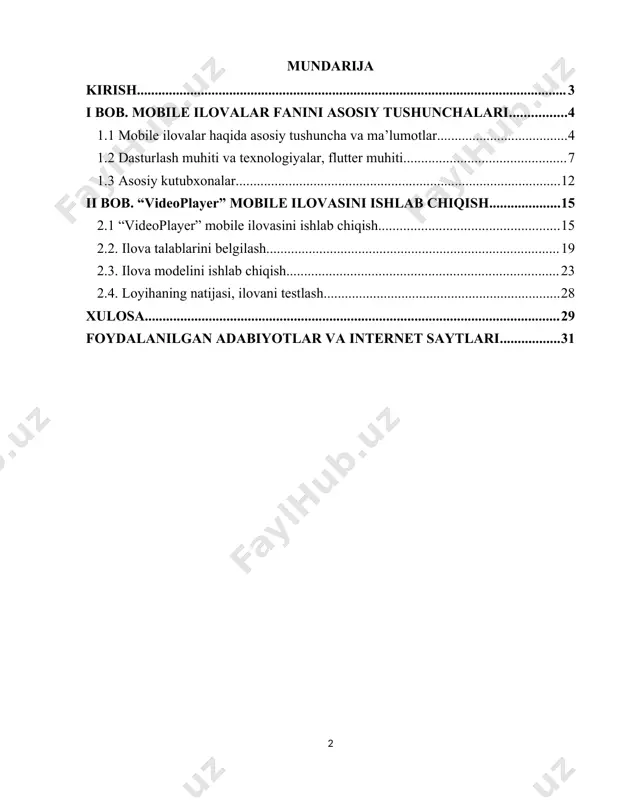 adi. ilovalardagi ma’lumotlarni ruxsatsiz kirishlardan, buzib ko‘rsatishlardan va o‘g‘irlanishlardan himoyalash texnologik rivojlanishning muhim tarkibiy qismiga aylanmoqda. mobil ilovalar bilan bog‘liq xavfsizlik muammolariga ilovaning kodini buzib kirish, ma’lumotlar bazalariga ruxsatsiz kirish, seansni o‘g‘irlash, tarmoq orqali ma’lumotlarni ushlab qolish va boshqa buzg‘unchi harakatlar kiradi. mobil ilovalar xavfsizligini ta’minlashda ishlatiladigan texnologiyalar orasida dart va flutter alohida o‘rin tutadi. dart tili flutter freymvorki uchun asosiy dasturlash tili bo‘lib, flutter yordamida platformalardan mustaqil bo‘lgan, ya’ni bir kod bilan bir vaqtda ios va android uchun ilovalar yaratish mumkin. dart tili soddaligi va qulayligi bilan ajralib turadi, shuningdek, flutter’ning keng imkoniyatlari ishlab chiquvchilarga tez va sifatli mobil ilovalar yaratishga yordam beradi. mobil ilovalar xavfsizligini ta’minlash texnologik jihatdan keng ko‘lamli tadbirlarni o‘z ichiga oladi. ilovalar yaratishda xavfsizlik talablari birinchi navbatda nazarda tutilishi va ilovalar amaliyotda turli vaziyatlarda qo‘llanilganda ham ularning ishonchliligi ta’minlanishi kerak. i bob. mobile ilovalar fanini asosiy tushunchalari 1.1 mobile ilovalar haqida asosiy tushuncha va ma’lumotlar …