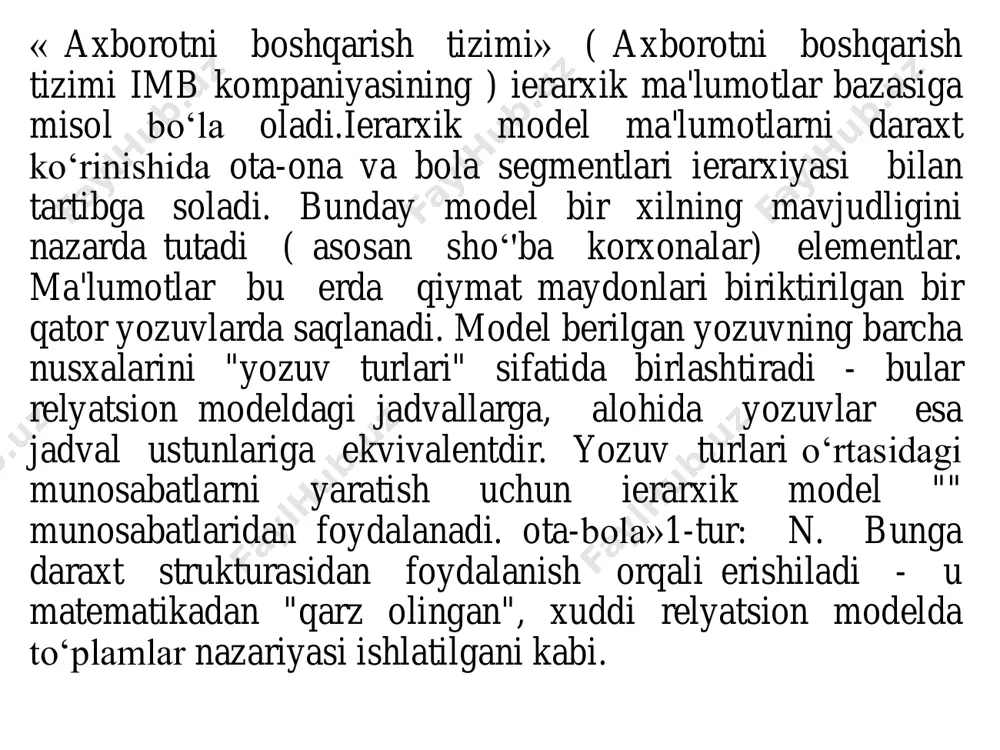 ion ma'lumotlar modellarida barcha ko‘rsatkichlarni ko‘rib chiqishning hojati yo‘q, bu tarmoq va ierarxik dbms bilan solishtirganda ma'lumot olish uchun so‘rovlarni bajarishni osonlashtiradi. bu munosabatlar modeli qulayroq bo‘lishining asosiy sabablaridan biridir. keng tarqalgan relyatsion ma'lumotlar bazasiga oracle, sybase, db2,ingres, informix va ms-sql server kiradi. ma’lumotlar bazasining fizik modeli. kontseptual, mantiqiy va fizik ma'lumotlar modellari biznes ehtiyojlariga to‘g'ri javob beradigan yechimni etkazish, tasdiqlash va amalga oshirish uchun muhim ahamiyatga ega. ammo bu yagona e'tibor emas. yaxshi ishlab chiqilgan model ma'lumotlarning yaxlitligi va sifati, texnik xizmat ko‘rsatish qulayligi va kengaytirilishini qo‘llab-quvvatlash uchun bebahodir. ko‘pgina metama'lumotlar vositalari avtomatik ravishda mashhur ma'lumotlarni modellashtirish vositalariga ulanishi va texnik va biznes guruhlari, ma'lumotlar boshqaruvchilari va ma'lumotlarni boshqarish uchun qimmatli metama'lumotlar ma'lumotlarini ajratib olishi mumkin. ko‘pincha kompaniyalar ma'lumotlar modellariga etarlicha e'tibor bermaydilar va ularni ikkinchi darajali artefakt deb bilishadi. haqiqat shundaki,ma'lumotlar modellari juda muhim va ular tajribali odamlar tomonidan tuzilishi va ma'lumotlarni modellashtirish bo‘yicha tengdoshlar va ma'lumotlar arxitektorlari …