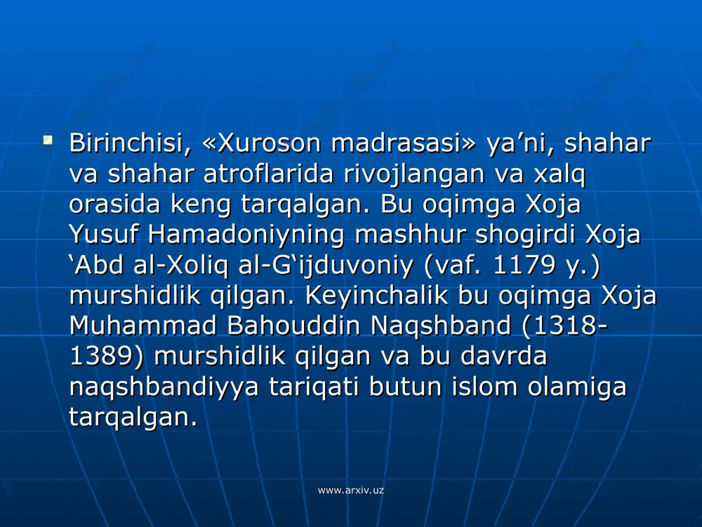 hahobchalari masalalarini qamrab olganligi tufayli movarounnahr maktabi namoyandalari bu o‘lka xalqlari an’analari, urf-odatlarini umumislom mavqelaridan turib tahlil qilishdek vazifani bajarganlar. movarounnahrlik faqihlarning bir necha avlodlari faoliyati orqali mahalliy xalqlarning tarixiy, huquqiy an’analari islom madaniyatida o‘z aksini topdi. www.arxiv.uz www.arxiv.uz viii-x asrlarda movarounnahrning ayrim shaharlardagi hanafiylikka asoslangan ilmiy markazlar paydo bo‘ldi. bunga iroq va xuroson maktablarining ta’siri katta bo‘ldi. buxoro maktabiga abu hafs ahmad ibn hafs al-kabir al-buxoriy (vaf. 832 y.) asos solgan. samarqand ilmiy markazining shakllanishiga abu sulaymon al-juzjoniy, ibn samo‘a va shaddod ibn hukaym kabi balx faqihlarining xizmati katta bo‘ldi. buxoro faqihlari bu davrda asosan fiqhning amaliy masalalari (furu‘ al-fiqh) bilan, samarqandliklar esa o‘z ilmiy faoliyatlarini ilohiyot (usul ad-din) mavzui bilan shug‘ullanishga qaratdilar. www.arxiv.uz www.arxiv.uz www.arxiv.uz www.arxiv.uz xi-xiii asrlarga kelib, fiqh ilmi o‘zining yuksak taraqqiyotiga etishdi. qoraxoniylar (999-1212) davri faqihlari haqida ilmiy tadqiqot olib borgan turkiyalik olim y. z. kavakci bu davrda uch yuzga yaqin faqihlar etishib chiqqanligi, yigirmadan …