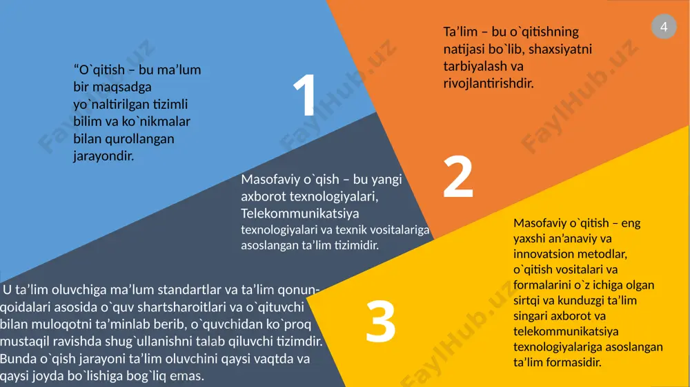 a ega ekan. lekin, nima uchun masofaviy ta’lim kerak bo`lib qoldi? – degan savol tug`ilishi tabiiy. bu savolga javob tariqasida quyidagilarni sanab o`tish mumkin: - ta’lim olishda yangi imkoniyatlar (ta’lim olishning arzonligi, vaqt va joyga bog`liqmasligi va boshqalar). - ta’lim maskanlariga talaba qabul qilish sonining cheklanganligi. - ta’lim olishni xohlovchilar sonining oshishi. - sifatli axborot texnologiyalarining paydo bo`lishi va rivojlanishi. - xalqaro integratsiyaning kuchayishi. masofadan o‘qitish uslubiy materiallari quyidagilardir: darslik audio va video darsliklar onlayn darslar (internet sahifa) elektron kutubxonalar testlar multimedia - elektron darsliklar kasbiy ta'limning informatsion-texnik asoslari: zamonaviy informatsion ta'lim texno-logiyalari (media) yordamida o'qitish va o'qish. pedagoglarning axborot-texnologik tayyorgarligi bir nechta komponentlarni o’z ichiga oladi. ulardan biri axborot-kommunikatsion texnologiyalardan foydalanish asoslari va ularni kasbiy faoliyatda qo’llash metodikasini egallash hisoblanadi. o’zbekiston respublikasi ta’limni axborotlashtirish yangi konsepsiyasi talaba va pedagoglarni ta’limni axborotlashtirish sharoitlarida ishlashga tayyorlashni ko’zda tutadi. shu sababli bilim berishda raqamli ta’lim resurs(rtr) laridan foydalanish muhim ahamiyat kasb etmoqda. …