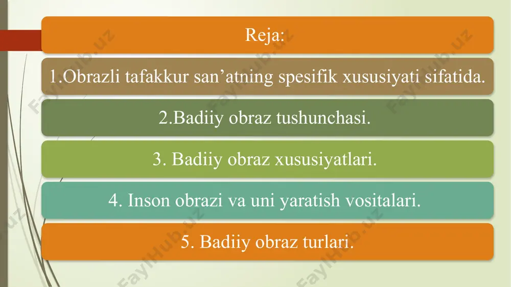 tasnifi predmetlik darajasiga ko‘ra badiiy umumlash tirish darajasiga ko‘ra ifoda va tasvir qatlamlari munosaba tiga ko‘ra badiiy reallik sathlari.(predmetlik darajasiga ko‘ra) voqea hodisalar obrazi xarakter va sharoit dunyo va taqdir obrazi detal obrazlar umumlashtirish darajasiga ko‘ra topos arxitep indivi dual obraz motiv tip xarakter individul -obraz o‘zigagina xos fe’l atvori, gap -so‘zlari, betakror xarakter xususiyati bilan namoyon bo‘luvchi obrazlar. “mening o‘g‘rigina bolam” roqiya bibi xarakter - muayyaan davr va muhit kishilariga xos eng muhim, xarakterli umumiy xususiyatlar bilan alohida shaxsga xos individual xususiyatlarni o‘zida uyg‘un mujassam etgan obraz. “otalar va bolalar” bazarov “o‘tkan kunlar “ otabek tipik obraz - muayyan ijtimoiy- tarixiy sharoit, davr va muhitga xos muhim xarakterli xususiyatlarni o‘zida namoyon etgan obraz. «mehrobdan chayon» anvar, solih mahdum «navoiy» majididdin, sultonmurod 15 motiv shakliy va mazmuniy jihatlardan muayyan turg'unlik kasb etgan, bir yoki bir necha ijodkorning asarlarida qaytarilib turishi bilan ularning ijodiy intilishlarini namoyon etib turuvchi obrazdir. topos motivga …