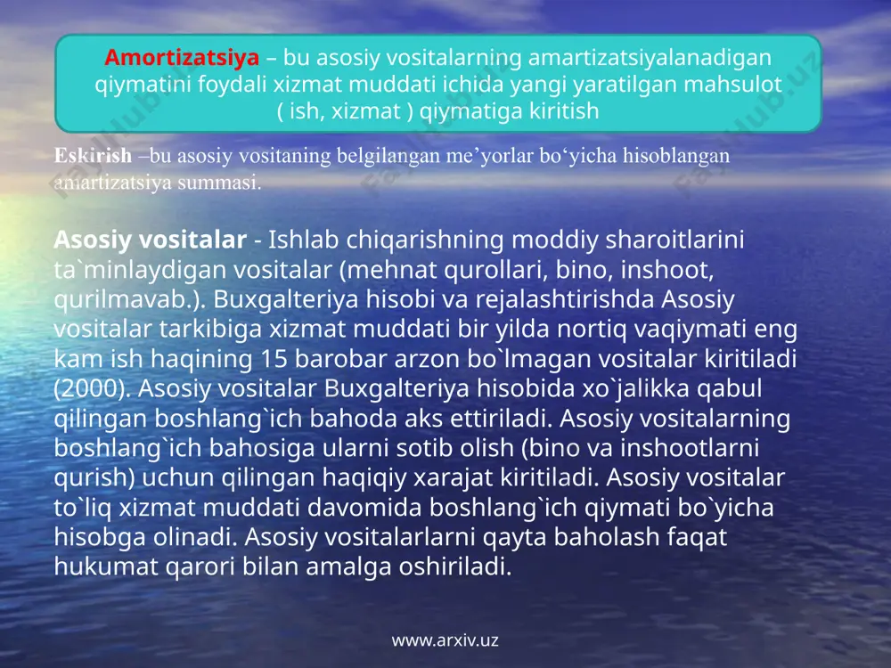 mustaqil asosiy vositalarni qabul qilib olish vaqtida belgilashi mumkin. likvidatsion qiymatni ko‘zda tutish majburiy hisoblanmaydi. shuning uchun bu qiymat bo‘lmasligi ham mumkin. bunday holda asosiy vositaning amortizatsiyalanadigan qiymati bevosita uning boshlang‘ich qiymatidan iborat bo‘ladi. www.arxiv.uz bir maromda hisoblash; bajarilgan ish hajmiga proporsional hisoblash; xizmat yillari yig‘indisiga proporsional hisoblash (kumulyativ usul); kamayib boruvchi qoldiq qiymatdan hisoblash. «asosiy vositalar» ga muvofiq (p.23,24) jamlangan amortizatsiya (eskirish) ni hisoblash qo‘yidagi usullar bo‘yicha amalga oshirilishi mumkin: hisob siyosatida amortizatsiya (eskirish) ni hisoblashning u yoki bu usulini doimiy tarzda tanlab olish yoki har to‘rtta usulni bir vaqtning o‘zida u yoki bu asosiy vositalar bo‘yicha belgilab olish mumkin. shuni ta’kidlash joizki, ushbu usullarni qo‘llashda amortizatsiya (eskirish) summasi turlicha bo‘lishi va u soliq kodeksida ko‘zda tutilgan bir maromda hisoblab chiqildan miqdordan kam yoki ko‘p bo‘lishi mumkin. shuning hisob siyosatida kam yoki ko‘p hisoblangan amortizatsiya (eskirish) summasini soliqga tortish jihatlari ham aniq belgilab olingan bo‘lishi lozim. amortizatsiya (eskirish) ni …