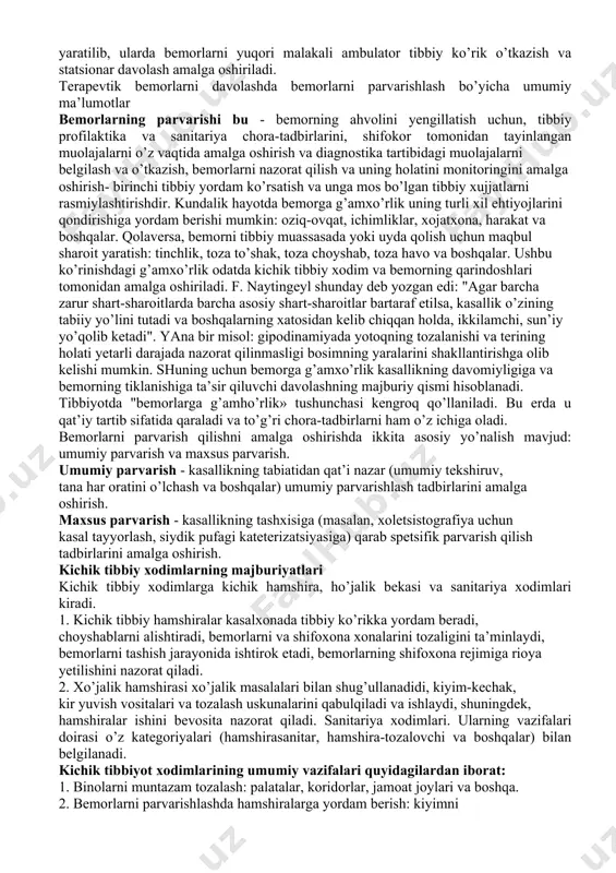 , kun davomida uzluksiz ishlaydi. brigadani mustaqil ravishda chaqiruvlarga qoldiradigan, birinchi yordamni ko’rsatadigan va bemorlarni kasalxonaga yotqizadigan paramedik boshqarishi mumkin. yuqori malakaga ega bo’lgan ihtisoslashtirilgan tibbiy yordamni shifokor boshchiligidagi jamoa ta’minlaydi va paramedik unga bemorlarni parvarish qilish va tashishda yordam beradi. ko’pgina tez yordam stantsiyalarida zamonaviy uskunalar bilan jihozlangan avtomobillar mavjud bo’lib, ular favqulodda yuqori malakali va ihtisoslashtirilgan yordamni ko’rsatishuyda va kasalxonaga olib boriladigan reanimatsiya jarayonini amalga oshirish imkonini beradi. statsionar yordam. bemorning ahvoli sistematik kuzatuvni, shuningdek murakkab diagnostika va davolash muolajalarini, ihtisoslashtirilgan tibbiy yordamni talab qilsa, statsionar turdagi muassasasiga yuboriladi. statsionar (lotincha stationarius - doimiy, harakatsiz) – davolash-profilaktika muassasasining tarkibiy qismi (shifoxona, kasalxona, dispanser) bo’lib, bu yerda shu muassasa tibbiy xodimlarining nazorati ostida bemorlarni tibbiy ko’rikdan o’tkazish va davolash doimiy ravishda amalga oshiriladi (kunduzgi statsionardan tashqari). statsionar bo’g’inning hozirgi maqsadi va vazifalari quyidagilardan iborat: 1. kasalliklarni diagnostikasi va davolash. 2. birinchi yordam 3. bemorlarni reabilitatsiya qilish. 4. kasalliklarning oldini …