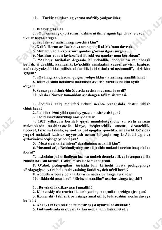 kimga tegishli. 8. o‘zbek pedagogikasi tarixida kim birinchi marta pedagogikaga «pedagogiya», ya'ni bola tarbiyasining fanidir», deb ta'rif berdi? 9. abdulla avloniy bola tarbiyasini necha bo‘limga ajratadi? 10. “ikkinchi muallim”, “birinchi muallim” asarlar kimga tegishli? 1. «buyuk didaktika» asari muallifi? 2. komenskiy o‘z asarlarida tarbiyaning maqsadini nechiga ajratgan? 3. komenskiy tabiiylik prinsipiga amal qilib, bola yoshini necha davrga bo‘ladi? 4. angliya maktablarida trimestr qaysi oylarda boshlanadi? 5. finlyandiyada majburiy ta’lim necha yilni tashkil etadi? 6. bola tarbiyasida finlar amal qiladigan qoidalar qaysi qatorda to‘g’ri ko‘rsatilgan? 7.“emil yoki tarbiya to`g`risda” asarining muallifi - ? 8. komenskiy bolalarning yosh davrlarini nechaga bo`ladi? 9. bugungi pedagogik jarayonda qo`llanilayotgan sinf-dars tizimini fanga kim tadbiq etgan? 10.jan jak russo bolalarning rivojlanish yosh davrlarini qanday yosh davrlariga b`olgan? 3. an’anaviy dars o‘tish modeliga nimalar kiradi? 4. noan’anaviy ta’limda o‘quvchilar… 5. ta’limni tashkil qilishning noan’anaviy shakllariga … 6. blended learning – 7. flipped classroomda – 8. gamifikatsiya – …