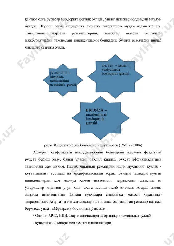 адорлигини ошириш ва ҳимоянинг керакли қўшимча чораларини кўриш; · корхонанинг бошқарилувчанлик ва стабиллик даражасини ошириш; · ахборот хавфсизлиги ҳодисалари мониторингги учун нормативе ва халқаро талабларни бажариш; · ахборот хавфсизлиги инциденталарини бошқариш марказини ташкил этишда унинг 3 хил асосий ё налишларини инобатга олиш: технология, жараён ва шахс. технологиялар. технолигиялар қуйидаги гуруҳларга бўлинади: · аудит ҳодисалари; · ҳодисаларни йиғиш, филтрлаш, сақлаш; · ҳодисалар такрорланиши ва инцидентларни аниқлаш; · инцидентлар таҳлили ва муаммоларни гуруҳлаш; · инцидентларни бошқариш босқичларида ҳисобатларни юритиш; ахборот хавфсизлиги инцидентларининг экспертизаси компютер инцидентларининг экспертизаси. бугунги кунда кичик ва ўрта бизнес корхоналари, банклар ва молия ташкилотлари, давлат бошқарув органлари ва бошқа ташкилотлар кибержиноятчиларнинг қурбони бўлиб қолмоқда ва кўрилган зарар миллионларни ташкил этмоқда, лекин энг муҳими оддий айланиб ўтишлар амалга оширилганида эмас, балки, тизим фаолияти ва ҳимоясини баҳолаб, керакли ахборотларни йиғиб, ташкилот махфий маълумотларга рухсатни беркитиб кетишлари, келажакда бунданда кучлироқ инцидентларни ташкил этишларига ёлғочилишидир. сир эмаски, кўплаб корхоналар бундай ҳолатларга қарши ҳеч …