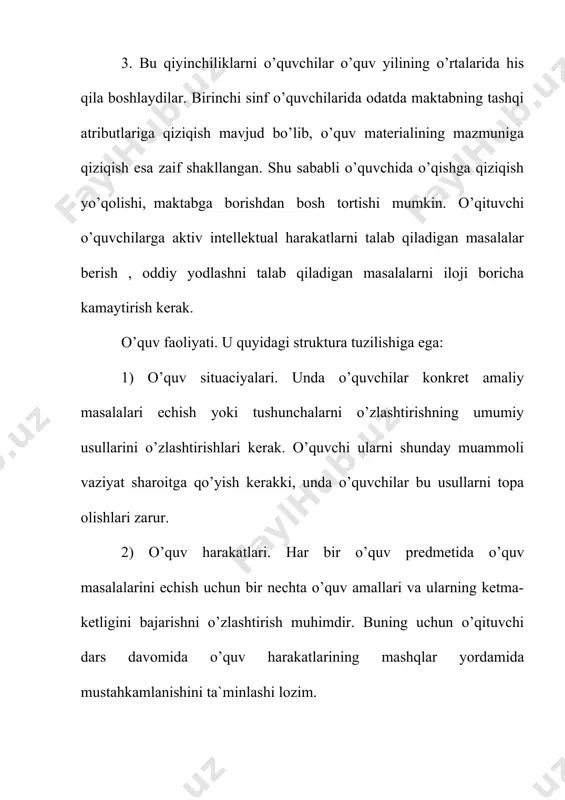a`zi belgilari doimiyligini payqab olmaslikdir. bolalar tafakkurining bu xususiyatini shveycariyalik j.pliaje o’rgangan. narsa va hodisalarning xossalari, qonuniyatlariga ko’ra muhim belgilarga asoslanib umumlashtirish xususiyati esa keyinroq shakllana boshlaydi. bolalar ancha vaqtgacha predmetlarning muhim va nomuhim belgilarini ajrata olmay qiynaladilar. shuning uchun tushunchani to’g’ri umumlashtirish usullarini o’rgatish kerak. kichik maktab yoshidagi asosiy psixologik o’zgarishlar. bu yoshda etakchi faoliyat o’quv faoliyati bo’lib, ta`lim jarayoni psixikada yangi xususiyat va sifatlarning paydo bo’lishiga sabab bo’ladi. 1. xatti-harakatlarning ixtiyoriy xususiyat bo’lib, o’quvchi ishlarini avvaldan rejalashtirish, ongli ravishda faoliyat maqsadlarini tanlashni o’rganadi. 2. o’quvchi biror masalani echish davomida har bir harakatning tartibi, variantlarini qidiradi, masalaning hal qilinishini nazorat qiladi, ya`ni o’quvchi xatti harakatlarini ichki planda bajarishni o’rganadi. 3. bola o’z xatti-harakatlarini va xulq-atvorini boshqalar bilan taqqoslaydi, o’zini xolis baholashni o’rganadi, ya`ni refleksiya rivojlanadi. bolalar shaxsining rivojlanishi. bu yoshda xulq-atvorning axloqiy normalari intensiv shakllana boshlaydi. kichik yoshdagi o’quvchilar bu normalarni o’zlashtirish uchun psixologik jihatdan tayyor bo’ladilar. o’qituvchi ulardagi …