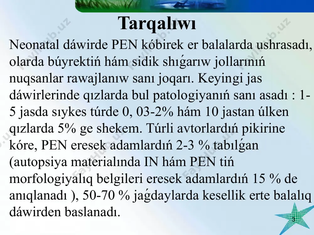 dan basqa pielonefrit rawajlanıwı ushın qáwipli faktor bolıp shańaraq aǵzaları hám jaqın tuwısqanlar arasında búyrek kesellikleriniń bolıwı, nefropatiyalar, tubulopatiyalar, násillik zat almasıwdıń buzılıwı, fetopatiyalar, jergilikli immun qorǵaw faktorlarınıń páseyiwi de esaplanadı. * birlemshi pielonefrit degende – búyrek parenхimasındaǵı mikroblı isiniw processi túsiniledi. zamanagóy tekseriw usılların qollanǵan táǵdirde de mikroorganizmlerdiń búyrektiń tubulointersticial toqımasında fiksaciyalanıwına ne jaǵday tuwdırǵanlıǵınıń anıq bir sebebin bilip bolmaydı. ekilemshi pielonefrit búyrek toqımasındaǵı mikroblı isiniw processi. bul jaǵdayda isiniw processine sharayat jaratıwshı sebebin anıqlaw múmkin. ádette obstruktiv hám obstruktiv emes piolonefrit bolıp bólinedi. * ekilemshi obstruktiv pielonefrit sidik jolları anomaliyaları organik (tuwma genetik, arttırılǵan) yamasa funkcional obstruktiv uropatiyalar bolǵanda qáliplesedi. ekilemshi obstruktiv emes pielonefrit-zat almasıwınıń buzılıwları, tuwma yamasa arttırılǵan immunodeficit jaǵdaylar, endokrin buzılıwlar (mudamı yamasa waqtınsha) sidik jolları epiteliyası fermentleriniń jergilikli ózgerisleri menen baylanıslı bolıwı múmkin. pielonefrittiń qáliplesiwinde búyrek dizembriogenezine úlken áhmiyet beriledi. * dizmetabolik ekilemshi pielonefrit-búyrek toqımasındaǵı mikroblı isiniw processleriniń bir neshe variantların birlestiriwshi túsinik bolıp, bakteriyalardıń …