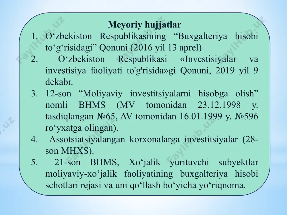 ri (inglizcha certifikate of deposit) - bu pul mablag‘larini omonatga qo‘yilganligi to‘g‘risida, omonatchiga belgilangan muddat tugagandan so‘ng depozit summasi vа unga tegishli foizlarni оlish huquqini beruvchi kredit muassasasining guvohnomasidir. •uzoq muddatli moliyaviy investitsiyalarga doir muomalalarni buxgalteriya ҳисобида aks ettirish uchun quyidagi hisobvaraqlar rejasida mavjud 0610-«qimmatli qog’ozlar»; 0620-«shoba korxonalarga investitsiyalar»; 0630-«qaram birlashmalarga investitsiyalar»; 0640-«qo’shma korxonalarga investitsiyalar»; 0690-«boshqa uzoq muddatli investitsiyalar». qimmatli qog'ozlar naqd pulga nominal qiymati bo'yicha sotib olinganda дt 0610 кt 5010 2. qimmatli qog'ozlar naqdsiz pul ko'chirish yo'li bilan sotib olinganda to'lov toshiriqnomasi va schyot-faktura ma'lumotlari asosida quyidagi buxgaletriya yozuvi qad qilinadi дt 0610 кt 5110 3. qimmatli qog'ozlar ta'sischilardan ta'sis badali sifatida kirim qilinganda дt 0610 кt 4610 4. nominal qiymati 100 000 so'm bo'lgan aktsiyalar 110 000 so'mga sotib olindi. дt 0610 110 000 кt 5110 110 000 дt 9690 10 000 кt 0610 10 000 5. nominal qiymati 100 000 so'm bo'lgan aktsiyalar 95 000 so'mga …