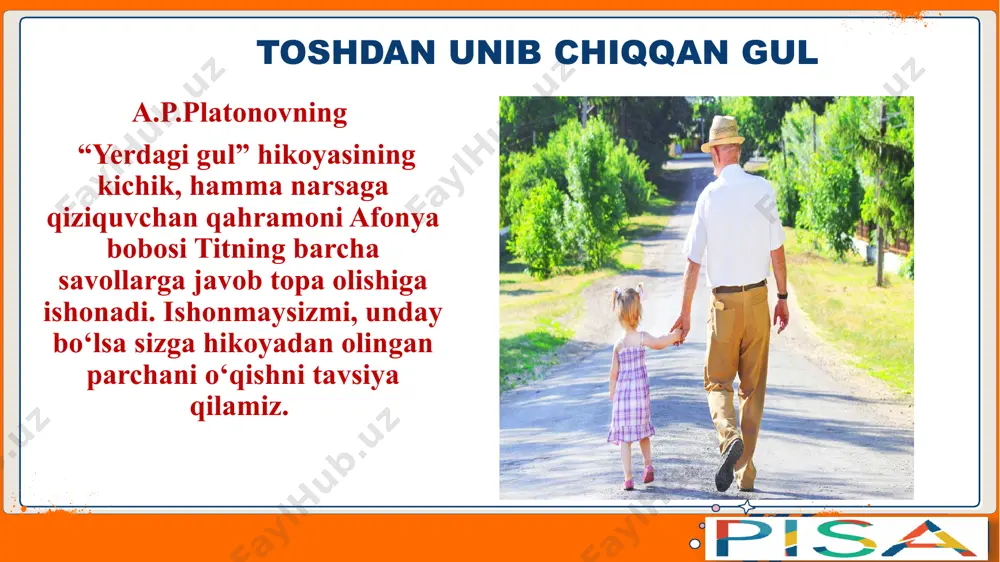 ning mayda bo‘lakchalaridan, zarralardangina iborat qumlardan havorang, pushtirang, sariq ranglardagi, mehrli nigohlarini osmonlarga qaratgan va dunyoning musaffo havosidan nafas olayotgan mana shunday mo‘jizakor gullar paydo bo‘lishi mumkinligi haqida o‘ylar edi. иван воронков 6-topshiriq matnda “so‘qmoq yo‘l” birikmasi uchradi. siz uning ma’nosini qanday izohlaysiz? bitta to‘g‘ri javobni belgilang. a. istalgan qumli yo‘l b. qishloqdan dalaga tomon olib boradigan yo‘l d. dalalar, yaylovlarda odamlar qatnovi natijasida o‘z- o‘zidan yuzaga kelgan yolg‘izoyoq yo‘l. e. ikki qishloq o‘rtasidagi hech kim yurmaydigan, kimsasiz yo‘l. иван воронков tiriklikning mohiyati- hayotga ichonch, kelajakka intilib yashash ! e’tiboringiz uchun rahmat!!! иван воронков image1.png image2.jpeg image3.jpeg image4.jpeg image5.jpeg image6.png image7.jpeg image8.png image9.jpeg image10.jpeg image11.jpeg image12.png image13.jpeg image14.jpeg image15.jpeg image16.jpeg image17.jpeg image18.jpeg image19.jpeg image20.jpeg image21.jpeg grandfather with his granddaughter are on the road