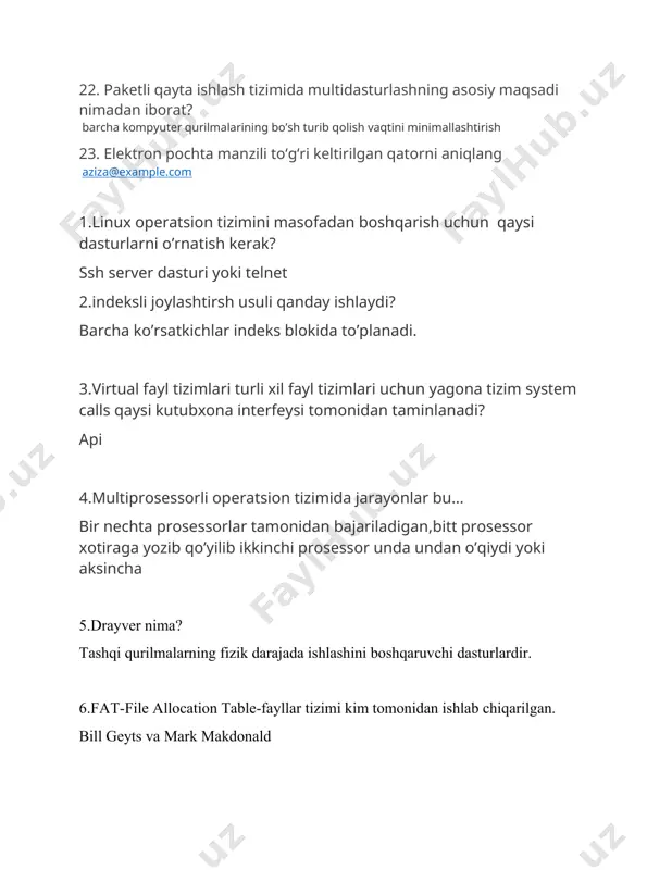 izimida jarayonlar bu… bir nechta prosessorlar tamonidan bajariladigan,bitt prosessor xotiraga yozib qo’yilib ikkinchi prosessor unda undan o’qiydi yoki aksincha 5.drayver nima? tashqi qurilmalarning fizik darajada ishlashini boshqaruvchi dasturlardir. 6.fat-file allocation table-fayllar tizimi kim tomonidan ishlab chiqarilgan. bill geyts va mark makdonald 7.ot ga to’liqroq tarif berilgan javobni toping. ehm resurslarini boshqarish, foydalanuvchi bilan ehm o’rtasida muloqot etish hamda foydalanuvchining dasturlarini ishga tushirish uchun mo’ljallangan dasturlar jamlanmasidir. 8.kompyuter xotirasining fizik tashkil etilishi eslab qolish qurilmasi bo’yicha nechta darajaga bo’linadi. 2 9.bulutli hisoblash konsepsiyasi elementlari to’g’ri keltirilgan qatorni toping? laas,paas,saas 10.saxifa bo’yicha boshqarish usuli to’g’ri ko’rsatilgan javobni toping. virtual xotira -> (operativ xotira +tashqi xotira) 11.ubuntuda fayl va katologlarni o’chiruvchi komandasini ko’rsating. rm-r 12.otning maqsadi: barcha javoblar to’g’ri 13.bulutli hisoblash standartlari to’g’ri ko’rsatilgan qatorni toping? dasturlash(ssl,xmpp,http),klentlar(html5 va ajax),amalga oshirish(omf),servislar (xml) 14.windows server ot oilasi ishlab chiqarish nechanchi yilda boshlangan. 2003 15.jarayon tushunchasi – bu… biron bir dastur bajarilishidagi faol topshiriqlar ketma-ketligi 16.api …