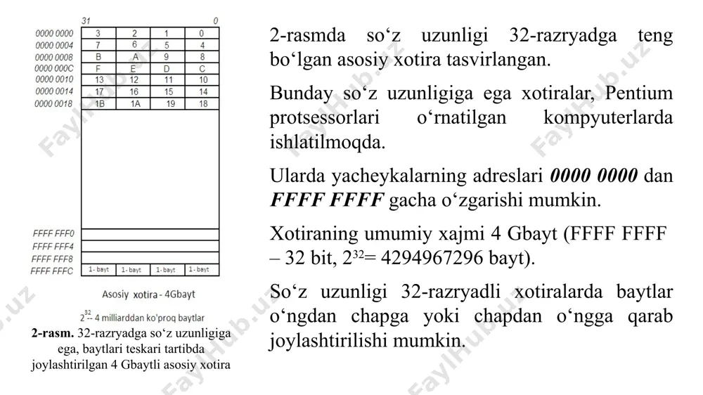 ikrosxemalari qimmatqoq, ammo ko’p marta qayta dasturlash imkoniyatlari ko’pincha hal qiluvchi ahamiyatga ega. eeprom mikrosxemalari. ko’p marta dasturlanadigan xotiraning yanda o’ziga xos varianti elektr bilan o’chiriladigan doimiy xotira eeprom hisoblanadi. bu xotiraga ma’lumotlarni yozish va o’chirish baytlar bo’yicha amalga oshiriladi, o’chirish esa alohida jarayon emas, balki yozish vaqtida avtomatik amalga oshadigan bosqichdir. yozish operatsiyasi o’qishga qaraganda sezilarli darajada ko’proq vaqt talab etadi – har bir bayt uchun yuzlab mikrosekund. mikrosxemada eprom kabi bir xil ma’lumotlarni saqlash prinsipi qo’llaniladi. eprom ni dasturlashda maxsus programmator kerak emas va u mikrosxemaning o’zida amalga oshiriladi. umuman olganda, eeprom lar eprom ga qaraganda qimmatroq va mikrosxema yaycheykalarning zichroq to’plamiga ega ya’ni kamroq hajmga ega. flesh-xotira. flesh-xotira – bu elektr energiyaga bog’liq bo’lmagan qayta dasturlanadigan yarim o’tkazgichli xotira. flash so’zi «tez, bir zo’mda» kabi tarjima qilinishi mumkin va qayta dasturlashning nisbatan yuqori tezligini ta’kidlaydi. birinchi marta 1984 yilda toshiba kompaniyasi tomonidan e’lon qilingan flesh-xotira ko’plab jihatdan …