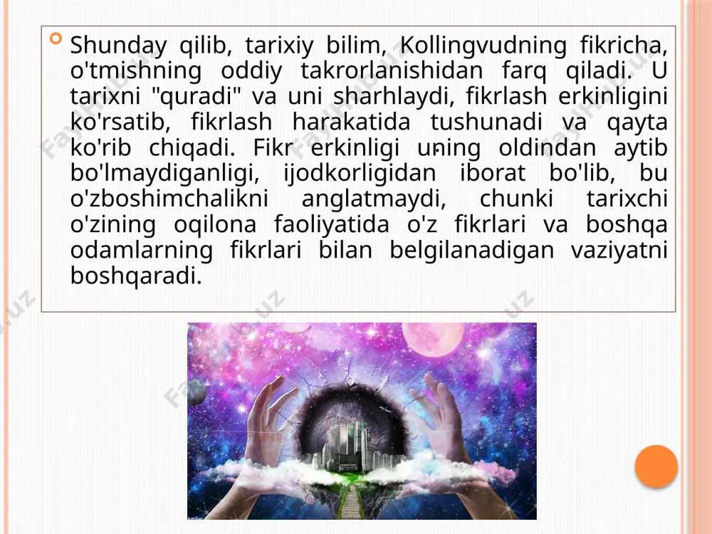 alomatini falsafiy irratsionalizmda va uning siyosiy oqibati - fashizmda ko'radi, bu uning fikricha, sivilizatsiyaga ongli ravishda qarshi kurashdir. kollingvud fashizmning nazariy kelib chiqishini tahlil qilar ekan, gegelcha davlatga sig'inishni antik davrdan tortib to klassik siyosatga qarshi kurash sifatida keskin tanqid qiladi. j. lokk, ijtimoiy boshqaruv printsipi sifatida siyosiy konsensus g'oyasini himoya qildi. kollingvudning hayoti davomida u qadar mashhur bo'lmagan g'oyalari hozirda g'arb falsafasining ehtiyotkorlik bilan "metafizikani qayta tiklash" yo'lidagi harakatida rol o'ynaydi. e’tiboringiz uchun raxmat image2.png image3.png image4.png image5.png image6.png image7.jpeg