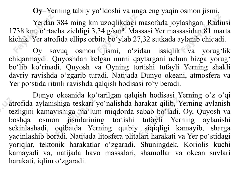i 6356,78 km. hajmi 1,083 × 1012 km3. qutbiy siqiqligi 21,36 km o‘rtacha zichligi 5,52 g/sm3. ekvatorial siqiqligi 213 m. massasi 5,976 × 1024 kg. meridian uzunligi 40 008,5 km. yer yuzasining maydoni 510 mln km kv. yerning shakli va o‘lchamlarining geografik ahamiyati quyidagilarda namoyon bo‘ladi: -yerning sharsimon shakli quyosh nurlari tushish burchagining ekvatordan qutblarga tomon qonuniyatli o‘zgarib borishiga sabab bo‘ladi. bu esa geografik zonallik qonuniyatini yuzaga keltirgan; -yerning sharsimon shakli moddalarni bir joyga to‘playdi va quyuqlashtiradi. natijada moddalar siqiladi va zichlashadi, ichki qismida turli zichlikka ega qobiqlar hosil bo‘ladi. yerning qobiqli tuzilishi uning asosiy xususiyatidir; - yer yuzasi, jumladan, geografi k qobiqning dumaloq (sharsimon) shakldaligi makonning bir butun va cheksizligini ta’minlaydi; - yerning haqiqiy shakli – geoidning shardan og‘ishi yer ichidagi moddalarining muvozanatga intilishi tufayli yer po‘stida ko‘tarilishlar va cho‘kishlar, yer yoriqlari yuzaga kelishiga, oqibatda relyefning o‘zga rishiga sabab bo‘ladi. relyef va tektonik harakatlar geografik qobiqda azonallik qonuniyatini yuzaga …