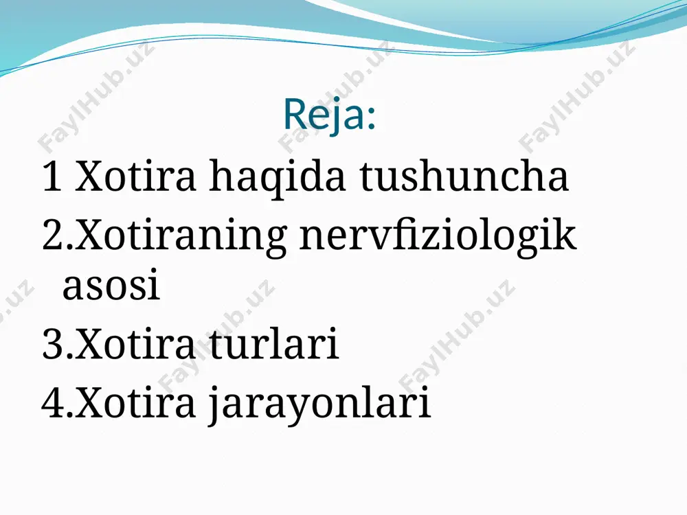 alarni qayta idrok qilishda esga tushishdir. g/unutish unutish ham xotira jarayonlaridan biri. unutish batamom va qisman unutish deb ikki turga bo’linadi. birinchidan, unutish esda olib qolingan ma’lumotlarni amalda tatbiq qilinishi yoki qilinmasligiga bog’liq. ikkinchidan, unutish esa olib qolingan ma’lumotlarga nisbatan, qiziqishning naqadar barqarorligiga bog’liqdir. image2.jpeg image3.jpeg image4.jpeg image5.jpeg /docprops/thumbnail.jpeg