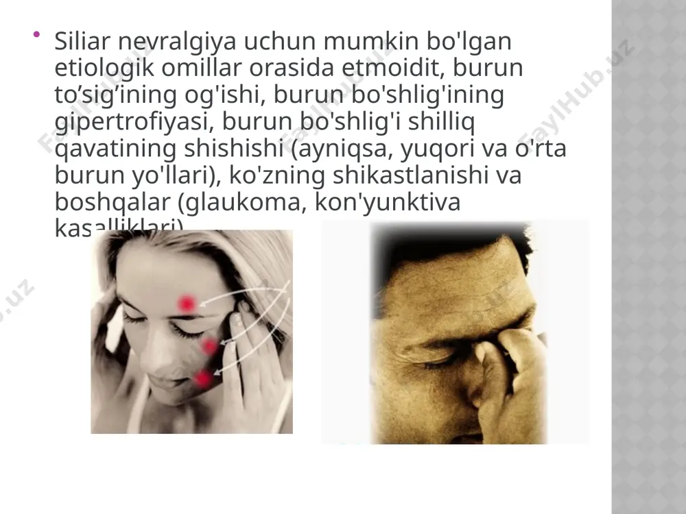 a boshqalar, kuniga 800-1000 mg). 4) trankvilizatorlar (seduxen 0,005 g kuniga 2-3 marta va boshqalar). 5) gaba hosilalari (fenibut 0,5-1 g dan kuniga 3 marta og'iz orqali yoki 10 ml 20% natriy gidroksibutirat eritmasidan kuniga 1-2 marta tomir ichiga). 6) mahalliy og'riqsizlantiruvchi vositalar (dikain 0,25% eritmasi, kon'yunktiva qopiga 2-3 tomchi). 7) fizioterapiya (diadinamik oqimlar, novokain elektroforez, gidrokortizon va boshqalar). 8) hurujning oldini olish uchun - indometazin 0,025 g dan kuniga 2-3 marta 2-3 oy davomida. image1.jpeg image2.jpeg image3.jpeg image4.jpeg image5.jpeg image6.jpeg image7.jpeg /docprops/thumbnail.jpeg