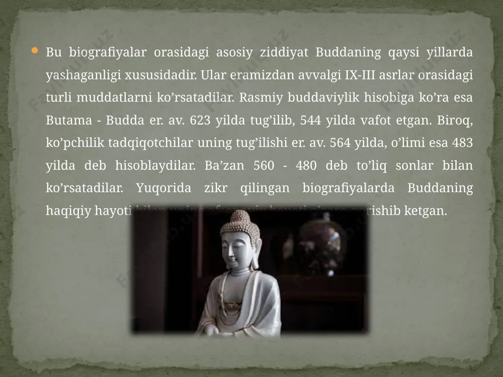 ko’ra, har qanday narsa yoki hodisa u hoh moddiy yoki ma’naviy bo’lsin dxarma (element)lardan tuzilgan. bu elementlar o’z xususiyatiga ko’ra harakatsiz bo’lib, ularni harakatlantiruvchi kuch insonning xayollar va so’zlaridir. ob’ektiv haqiqat bu doimiy ravishda o’zgarib turuvchi dxarmalar oqimidir. harakatdagi dxarmalar mavjudligining 5 formasini yaratadi: tana, sezgi, his-tuyg’u, harakat, anglash. bu besh forma insonni tashkil qiladi. inson ular yordamida yashaydi va borliq bilan aloqada bo’ladi, yaxshi yoki yomon ishlarni bajaradi. bu narsa insonning o’limi bilan tugallanadi. insonni tashkil qiluvchi besh forma (skandx) o’z navbatida qayta tug’iladi. yangi tananing xususiyatlari asos bo’luvchi besh natijani beradi: faoliyat, gumrohlik, xohish, istak va norma. bu prosess «hayot g’ildiragi»ni tashkil qiladi. «hayot g’ildiragi»da doimiy ravishda aylanib, inson abadiy qiynoqqa duchor bo’ladi. ikkinchi haqiqat - «qiynoqlarning sabablari mavjuddir». inson moddiy narsalar yoki ma’naviy qadriyatlardan foydalanib, ularni haqiqiy va doimiy deb hisoblaydi va doimo ularga ega bo’lishga intiladi. bu intilish hayot davomiyligiga olib boradi. yaxshi yoki yomon niyatlardan …