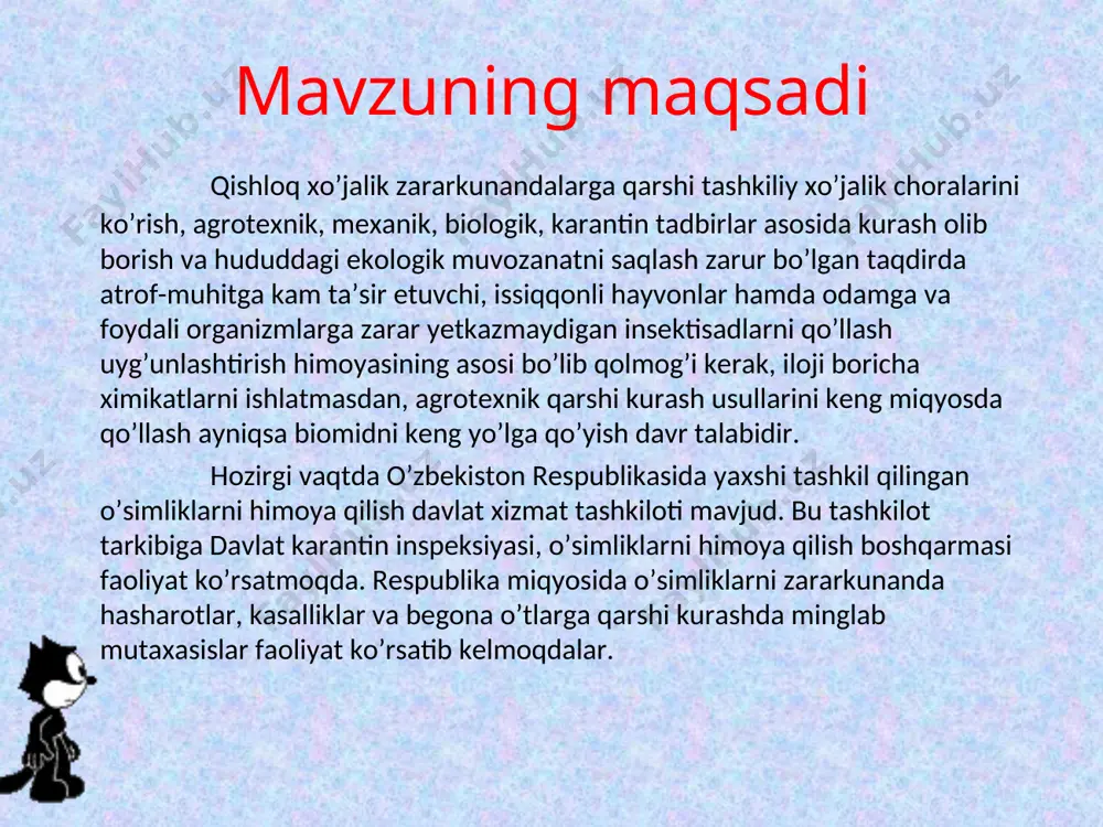 l qiladi. ektodermaning ichiga qayrillib kira boshlagan joylari og’iz va anal teshigiga aylanadi. keyinchalik embrion segmentlariga bo’linadi va oradan biroz vaqt o’tishi bilan oyoqlar, mo’ylovlar va og’iz apparatlarihosil bo’la boshlaydi. embrion 20 ta ba’zan 19 ta bo’g’inga bo’linib, ulardan 6 tasi bir-biriga qo’shilib, 3tasi ko’krak va 11 ta qorin qismini hosil qiladi. iv bo’lim. hasharotlar ekologiyasi. ekologiya fani yunoncha bo’lib, kinos yoki ktos yashash joyi yoki muhit va logos degan ma’noni anglatadi. bu fan tirik organizm bilan atrof muhit o’rtasida bo’ladigan o’zaro munosabatlarni o’rganadi. har bir tur va individ o’z ekologiyasiga ega. organizm dastavval uch: muhit-havo, suv va tuproq ta’sirida hayot kechiradi. ekologik omillar asosan 4 ta qismga bo’lish mumkin: 1. abiotik; 2. gidroedafik; 3. biotik; 4. fitrofegen omillar. abiotik ya’ni anorganik omillar organizmga iqlim sharoitining relief, atmosfera tarkibi va shularga o’xshash omillarning ta’siri. gidroedafik suv-tuproq omillari suv va tuproqning organizmga muhim yashash muhiti sifatida ta’siri. biotik ya’ni organik omillar: …