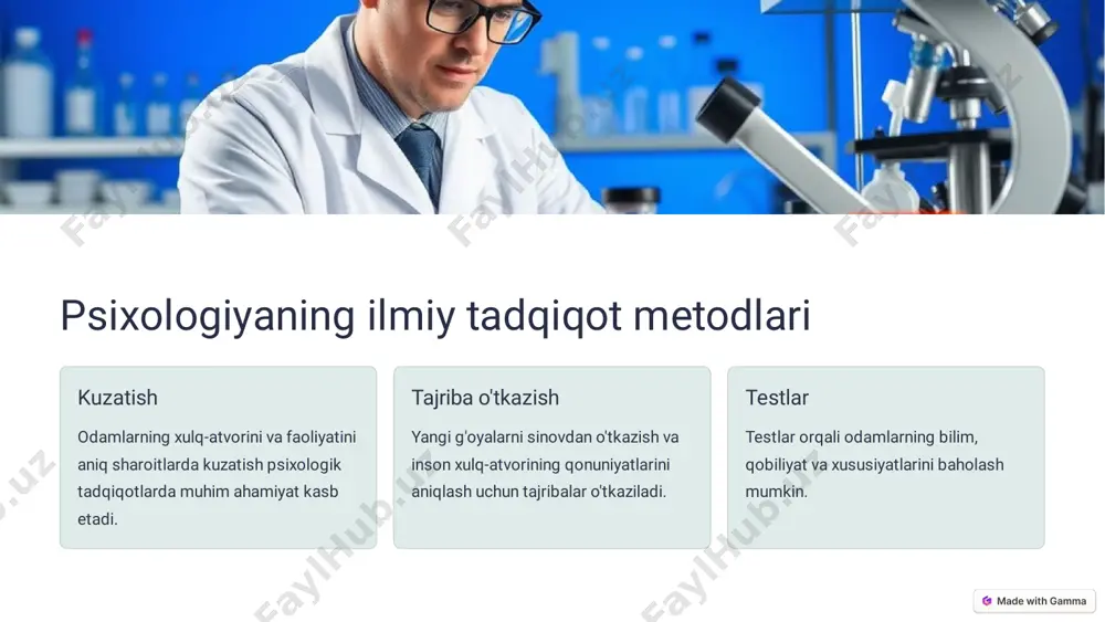 q-atvor qonuniyatlarini matematik usullarda ifodalash. vizual taqdimot olingan natijalarni grafik, chizma va diagrammalar yordamida taqdim etish. ilmiy maktablarga xos bo'lgan yondashuvlar strukturalizm ongi va hissiyotlarning tuzilishini o'rganish geshtalt psixologiyasi bilish jarayonlarining butunligi va maqsadga yo'nalganligini o'rganish behavioristik yondashuv inson xulq-atvorining tashqi omillari orqali o'rganilishi freydchilik shaxsning ongsiz psixik jarayonlarini o'rganish psixologiyaning ilmiy ahamiyati va amaliy qo'llanilish sohalari ilmiy ahamiyati inson xulq-atvorini tushunish va uning qonuniyatlarini aniqlash. amaliy qo'llanilishi ta'lim, sog'liqni saqlash, biznes kabi sohalarda psixologik bilimlardan foydalanish. yangi ochishlar xulq-atvor, bilish jarayonlari va shaxsiyatning yangi tomonlarini ochib beradi. xulosa va takliflar psixologiya inson xulq-atvorini tushunish va uning qonuniyatlarini aniqlashda muhim rol o'ynaydi. uning ilmiy tadqiqot metodlari va amaliy qo'llanilish sohalari uning rivojlanishini ta'minlaydi.