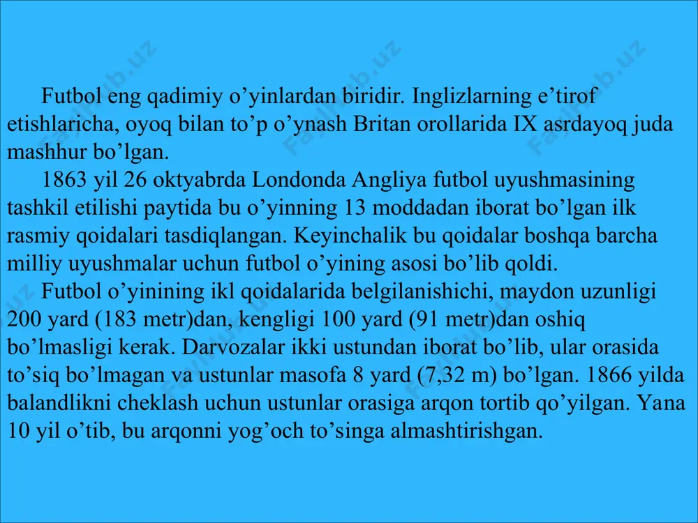 yilning oxirida birinchi futbol jamoasi tashkil toshpgan. farg’onada tuzilgan futbol jamoalari soni 1912 yil avgustida «futbolchilar jamoasi»ga birlashishga yo’l berdi. bir oz vaqt o’tgach, toshkentda ham futbol o’ynay boshladilar. toshkentlik futbol ishqibozlari orasida eng mashhur jamoasi bu tols- toshkentskoye obshyestvo lyubiteley sporta (tsij- toshkent sport ishqibozlari jamiyati) edi. bu jamiyat 1912 yilda tuzilgan bo’lib, juda qisqa vaqt ichida futbol hamda boshqa sport turlarining rivodjlanishi uchun ko’p xizmat qilgan. 1912 yilning ikkinchi yarmida o’zbekiston futbol aytarli darajada yoyila boshladi. futbol o’yiniga qo’qon, andijon va samarqandda ham qiziqish orta boshladi. 1920 yildan boshlab futbol respublikamizning cheka qishloq va mahallalariga kirib borib, mashhur o’yinga aylandi. yoshlar, talabalar, ishchi va dehqonlar futbolga talpina boshladilar. 1921 yil moskva va toshkent futbolchilarining ilk uchrashuvi o’tkazilgani bilan ahamiyatga loyiqdir. 1925 yilda mamlakat jismoniy tarbiya kengashi tomonidan ommaviy jismoniy tadbirlarning taqvimi tuzildi. o’zbekistonda futbolni tashkillashtirish bir oz tartibliroq tizimga ega bo’ldi. shunday qilib, toshkent birinchiligi 3 toifa bo’yicha …