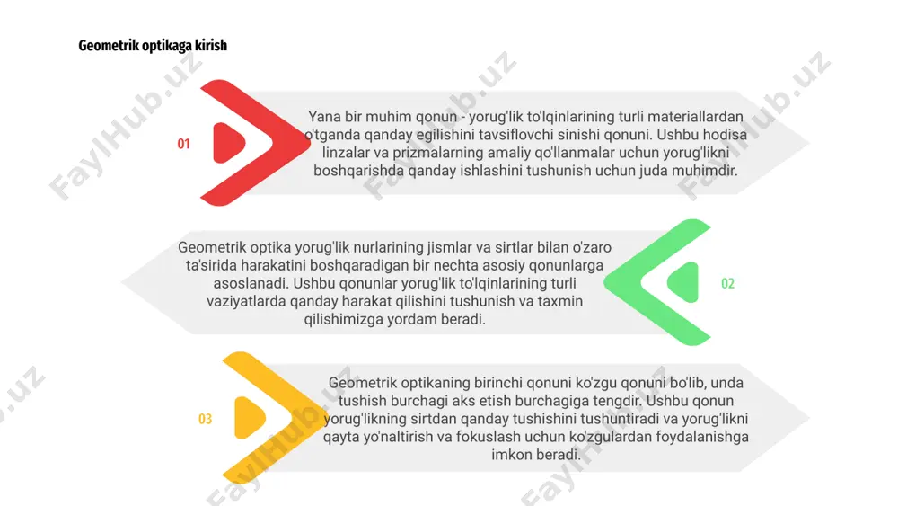 zimlarda yorug'likning harakatini tushunish uchun juda muhimdir. 02 snell qonuni va uning qo'llanilishi geometrik optika bir nechta asosiy qonunlar, jumladan snell qonuni bilan boshqariladi. bu qonun yorug'lik nurlari havo va shisha kabi turli muhitlardan o'tganda yo'nalishini qanday o'zgartirishini tavsiflaydi. sinishi qonuni deb ham ataladigan snell qonuni, ma'lum bir juft muhit uchun tushish burchagi sinusining sinish burchagi sinusiga nisbati doimiy ekanligini bildiradi. snell qonunini tushunish va qo'llash yorug'likning egilishi va tarqalishi muhim bo'lgan linzalar, prizmalar va optik tolalar kabi turli xil optik qurilmalar va tizimlarda juda muhimdir. geometrik optika qonunlari yorug'likning nometall va boshqa optik qurilmalar bilan o'zaro ta'sirida harakatini boshqaradi. ushbu qonunlar ko'zgularning optik xususiyatlarini va ular tasvirlarni qanday hosil qilishini tushunish uchun juda muhimdir. ko'zgularning optik xususiyatlari eng asosiy qonunlardan biri bu ko'zgu qonuni bo'lib, unda tushish burchagi aks etish burchagiga tengdir. ushbu qonun nometall yorug'likni qanday aks ettirishini va bizga ob'ektlarni ko'rish imkonini beradi. bundan tashqari, teskarilik qonuni …