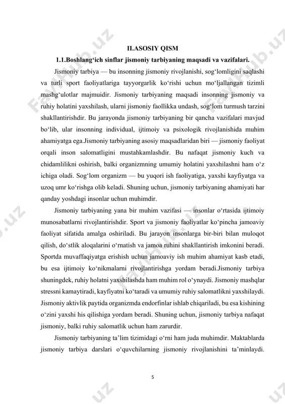 oliyatni o‘rganish va uni kundalik hayotga kiritish orqali insonlar sog‘lom turmush tarzini saqlab qolishlari mumkin. oziqlanish, uyqu va stressni boshqarish kabi omillar bilan birga, jismoniy tarbiya sog‘lom hayot kechirishda muhim ahamiyatga ega. kelajakda jismoniy tarbiyaning roli yanada ortishi kutilmoqda. texnologiyaning rivojlanishi bilan birga, insonlar ko‘proq vaqtini kompyuter va mobil qurilmalarda o‘tkazishmoqda, bu esa jismoniy faollikni kamaytirishga olib keladi. shuning uchun, jismoniy tarbiyani targ‘ib qilish va yoshlarni sportga jalb qilish zaruriyati ortmoqda. bu jarayon nafaqat sog‘lom avlodni tarbiyalash, balki jamiyatni jismonan sog‘lom qilish maqsadida ham muhimdir. xulosa qilib aytganda, jismoniy tarbiya — bu insonning jismoniy va ruhiy rivojlanishini ta’minlovchi muhim jarayon. uning maqsadi sog‘lom va faollikdagi insonlarni tarbiyalashdir. jismoniy tarbiyaning vazifalari sog‘lom hayot kechirish, ijtimoiy munosabatlarni rivojlantirish va ruhiy holatni yaxshilashni o‘z ichiga oladi. har bir inson jismoniy tarbiyaning ahamiyatini tushunishi va o‘z hayotida uni qo‘llab-quvvatlashi zarur. jismoniy tarbiya har bir insonning hayotida katta ahamiyatga ega bo‘lib, u nafaqat sog‘lom turmush …
