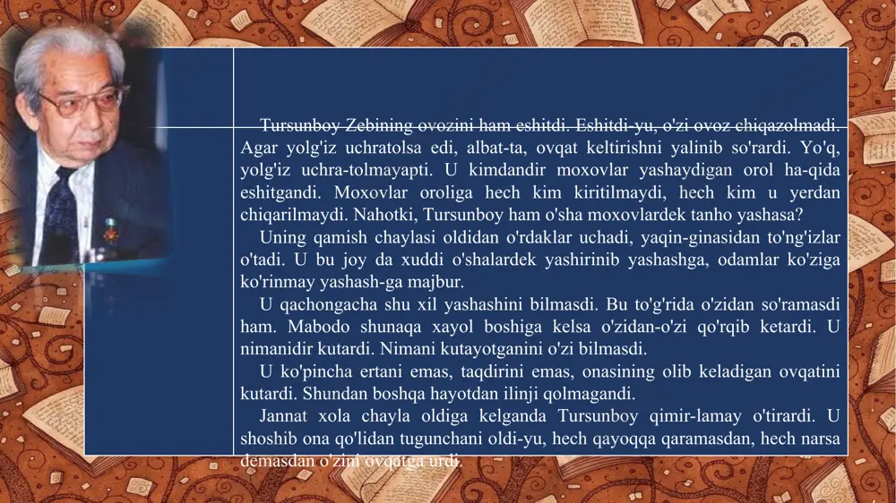 ingradi. shu topda jannat xolaning ko'ziga dunyo qop-qorong'i bo'lib ketdi. o'z dardini unutdi. boshidagi ro'molini yechib ko'lmakdan ho'llab kelib, o'g'lining peshonasiga bosdi. bolasi ko'zini ochmay ingradi. jannat xola oriq barmoqlari bilan o'g'lining yuzlaridan silab, ko'zlarini bir nuqtaga tikkanicha ovoz chiqazmay yig'lardi. orzular shamolga uchdi. homilalikdan to shu kun-gacha qilgan umidlari tamom bo'ldi. jannat xola javob berolmadi. uning ko'zlari bejo. faqat qo'llarini muttasil silkitib to'qay tarafga qarab qichqirardi. ona aqldan ozgan edi. nizomjon uni suyab chodir oldiga olib kelguncha terga pishib ketdi. jannat xola hamon to'qayga qarab qichqirar, uning qo'lidan chiqib o'sha yoq-qa yugurmoqchi bo'lardi. chodir ichiga kirishganda, u birdan jimib qoldi. holdan toyib to'shakka o'zini tashla-di-yu, qimirlamay shiftga tikilib yotaverdi. odamlar birin-ketin tarqab ketishdi. ikromjon jannat xolaning og'ziga choy tutdi. u boshini sarak-sarak qilib ichmadi. darmonsiz qo'llari bilan ko'rpani boshiga tortib ko'zini yumdi. u shu yotganicha ertalab ham ko'zini ochmadi. u yagona farzandidan umid uzolmay, uning baxtini ko'rolmay armon bilan …