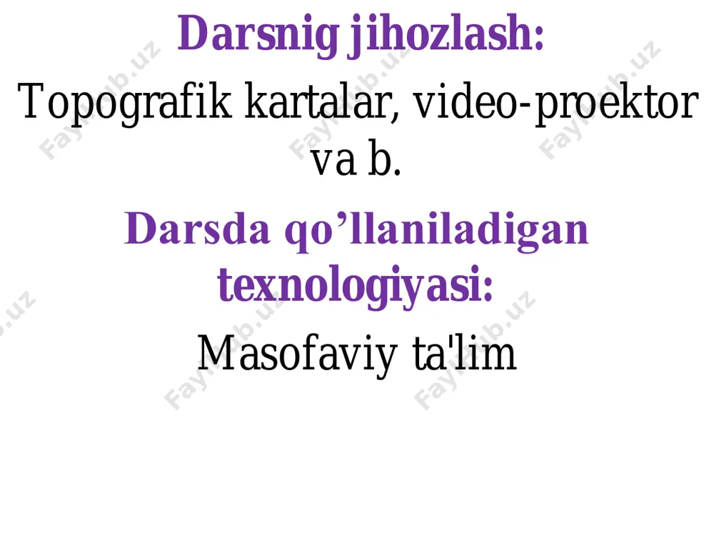 rafik kartalarda masofa va maydonni aniqlash bo‟yicha har bir talabaga topo va geografik kartalardan topshiriq beriladi. adabiyotlar rо„yxati 1. асамов м., мирзалиев т. топография ва картография асослари. t.: ўқитувчи, 1985. 2. асамов м., мирзалиев т. топография ва картография асосларидан лабаратория машғулотлари. t.: ўқитувчи, 1990. 3. alimkulov n.r., safarov e., xolmurodov sh.a. topografiya va kartografiya asoslari. t., “fan va texnologiyalar”. 2018. 4. берлянт а.м. картография: учебник для вузов. – м.: аспект пресс, 2001. -336 с. 5. mirzaliev t., safarov e.yu., egamberdiev a., qoraboev j.s. kartashunoslik. t.: cho‟lpon, 2012 y. 5. mirzaliev t., musaev i. kartografiya. t.: ilm ziyo, 2007 y. 6. muborakov o‟., axmedov s. geodeziya va kartografiya. t.: o‟qituvchi, 2002 y. 7. южианов в.с. картография с основами картографии. m.: высщая школа, 2001 г. 8. kraak, menno-jan and ormeling, ferjan. «cartography: visualization of spatial data». prentice hall. , usa. 2002. 9. википедия. свободная энциклопедия. www. wikipedia.org.