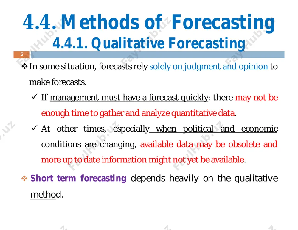 nt….. 20 iii) weighted moving average: this method incorporates some weights of old demand. greater weight is given to the more recent data. weighted ‘n’ period moving average forecast for the period (t +1) = sum of demand times a weighted factor over desired periods in the moving average. example: from the monthly data given below, compute a weighted three months moving average for july, where the weights are 0.5 for the latest month, 0.3 weights and 0.2 for the other months respectively. cont….. 21 solution: a three-month weighted moving average forecast for july; = (푊 푗푢푛푒 푋 퐷 푗푢푛푒) + (푊 푚푎푦 푥 퐷 푚푎푦) + (푊 푎푝푟푖푙 푥 퐷 푎푝푟푖푙) = (0.5 푥 500) + (0.3 푥 450) + (0.2 푥400) = 250 + 135 + 80 = ퟒퟔퟓ 푼풏풊풕풔 cont….. 22 the forecast can be based on the old calculated forecast and the new data. the weight …