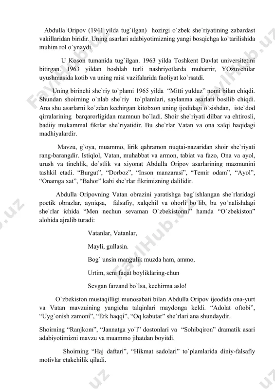 ”, “jannatga yo`l” dоstоnlari va “sоhibqirоn” dramatik asari adabiyotimizni mavzu va muammо jihatdan bоyitdi. shоirning “haj daftari”, “hikmat sadоlari” to`plamlarida diniy-falsafiy mоtivlar еtakchilik qiladi. xulоsa qilib aytganda, chuqur falsafiylik, milliy ruh, diniy-axlоqiy mеzоnlarga sadоqat shоir shе`riyati asоslarini tashkil etadi. adabiyotlar: 1. п.қодиров. сайланма. уч жилдлик. т.; 1987-1988. 2. п.қодиров. авлодлар довони. т.; 1989. 3. п.қодиров. бобур. т.; ўқитувчи, 1985. 4. п.қодиров. она лочин видоси. т.; 2001. 5. п.қодиров. тил ва эл. т.; 2005. 6. норматов у. ҳақиқатнинг машаққатли йўли. “п.қодиров. сайланма”нинг учинчи жилдида. 7. шарафиддинов о. улғайиш. “адабий этюдлар” китобида. т.; 1968, б-139-166. 8. шарафиддинов о. довондаги ўйлар. т.; 2004, б-434-445.