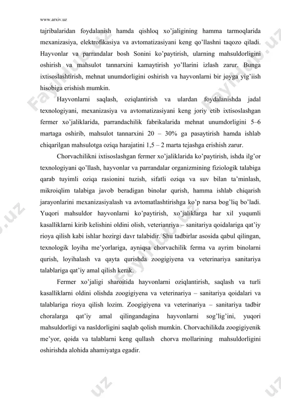 talablariga rioya qilish lozim. zoogigiyena va veterinariya – sanitariya tadbir choralarga qat’iy amal qilingandagina hayvonlarni sog’lig’ini, yuqori mahsuldorligi va nasldorligini saqlab qolish mumkin. chorvachilikda zoogigiyenik me’yor, qoida va talablarni keng qullash chorva mollarining mahsuldorligini oshirishda alohida ahamiyatga egadir. zoogigiyena (grek tilida zoon – hayvon, gigienos – sog’liq) hayvonlar sog’ligiga tashqi muhit ta’sirini o’rganadigan fandir. sanitariya – gigiyena me’yorlari, talablari va qonun qoidalarini amalga oshirish demakdir. uning asosiy muammosi – organizm bilan tashqi muhitning o’zaro munosabati – hozirgi vaqtda muhit bilan organizmning o’zaro ta’siri va birligi deb talqin qilinadi. i.m.sechenov fikricha «organizmning hayotini quvvatlab turadigan tashqi muhitsiz tasavvur qilib bo’lmaydi». shuning uchun ham organizmning ilmiy ta’rifiga unga ta’sir qilib turadigan muhit ham qushilishi kerak, chunki organizm shu muhitsiz yashay olmasligi va chambarchas bog’ligligini i.p.pavlov ham ilmiy yo’l bilan asoslab bergan. organizm bilan muhitning birligi ular kimyoviy tarkibining umumiyligi, shuningdek, ular o’rtasida bo’ladigan moddalar va energiya almashinuvi jarayonlarining tinmay bo’lib turishi bilan …