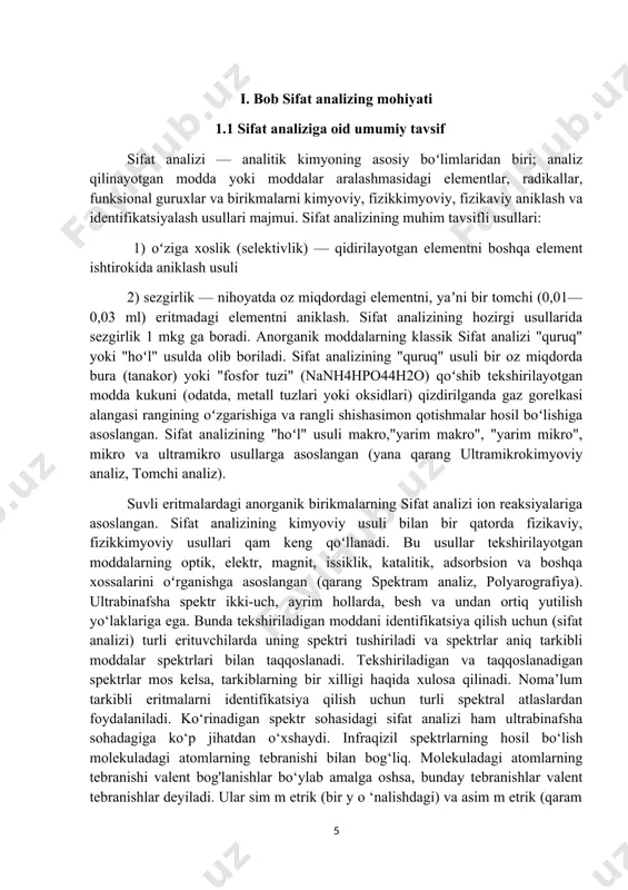 o‘lib, bir turtebranish vaqtida, albatta, ikkinchisi ham nam oyon bo‘ladi. deform atsion tebranishlar energiyasi kichik bo‘lib, ularga xos spektrlar to‘lqin uzunliginng kattaroq qiym atlari sohasida joylashadi. molekuladagi barcha atom lar tegishli yo‘laklar hosil qilib, ular m odda tarkibidagi barcha atom larni aks ettiradi[footnoteref:2]. [2: asqarov i.r., isayev y.t., mahsumov a.g., qirg’izov sh.m. “organik kimyo”, t., 2012-yil.] 1.2 anionlarning tavsiflanishi. sistematik analiz usuli analitik kimyo fanida biz kimyoviy analizning nazariy asoslari va ususllarini o‘rganamiz. analitik kimyoning amaliy vazifasimoddalar yoki ular tarkibini aniqlashdan iborat. moddani kimyoviy analizda avval sifat tarkibini aniqlaymiz, yani u qanday elementlardan, element gruppalaridan ionlardan tashkil topganligi, so‘ngra moddaning miqdoriy tarkibi, modda tarkibidagi elementlar yoki ionlarning miqdoriy nisbatlarini aniqlashimiz mumkin.sulfit va sulfat ionlarini aniqlash.sulfit yoki sulfat ionlarining mavjudligini to‘g’risidagi savolni yechish uchun ushbu ionlarni yaxshilab ajratishimiz kerak bo‘ladi. buning uchun 15 yoki 20 tomchi o‘rganayotgan eritmaga tomchilab 2n natriy gidroksidi yoki ph=8-9 gacha sirka kislotasi qo‘shamiz. eritmani suv hammomida …