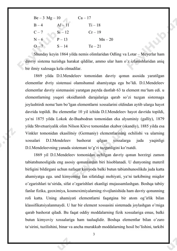 radi. davriy qonundan foydalanib mendeleev hali noma‘lum bo’lgan elementlarni xossalarini bashorat qildi. ma‘lumki haqiqiy ilmiy nazariyaning kuchi u sosda olingan faktlarni tushintirishgina emas, balki yangi faktlarni ko’ra bilishdadir. elementlarning xossalarini bir xil tartibda tavsiflash, davriy sistemada har bir elementni aniq, qat‘iyan, doimiy ravishda turishini nazarda tutadi. bu o’rinlarning (holat) intervalligi (o’zgarmaslik) deyiladi. ma‘lumki d.i.mendeleev sistemasida elementlarning holati faqatgina uning tartib nomeri bilan emas, balki u turgan davr nomeri (qator) va gruppasi bilan ham aniqlanadi. doimo eng ko’p tarqalgan zamonaviy davriy sistema formasida ham elementning variantlik holati tartibi hamma vaqt ham saqlanmaydi. shu sababli elementning o’rnini (holatini) bir xilda belgilaydigan umumiy kriteriya zarurdir. mendeleevning o’zi shunday kriteriya sifatida elementlarning kimyoviy xossasini tanladi. u atom massalari qiymatiga nisbatan, kimyoviy xossalarini asosiy xarakteriyatika deb hisobladi. shuning uchun u elementlarning joylarini almashtirdi (18ar – 19k, 27co – 28ni, 52te – 53i) ya‘ni gruppalardagi o’xshashlik kimyoviy xossalarini namoyon qilishini ko’rsatdi. keyinchalik har xil olimlar sistemaning …