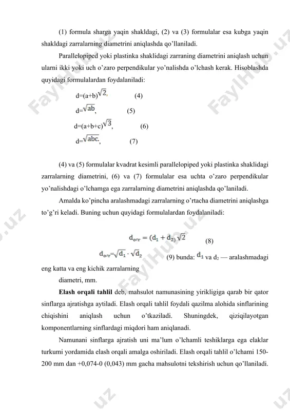 kita qo’shni elak teshiklari o’lchamining bir-biriga nisbati modul deyiladi. yirik mahsulotni elashda 2 ga teng modul ishlatiladi. bu modulga ko’ra elaklar turkumi quyidagi o’lchamli elaklardan tashkil topadi.100; 50; 25; 12; 6; 3; 0. mayda mahsulotni elash uchun esa 2 ga teng modul qo’llaniladi. unga katta, asosiy elak deb o’lchami 200 mesh (0,074 mm) li elak olinadi (mesh-25,4 mm ga to’g’ri keladigan teshiklar soni). elaklar turkumi quyidagicha tuziladi: 0,074 x 1,41 = 0,1 mm, 0,1 x 1,41 = 0,1 mm, 0,14 x 1,41 = 0,1974 mm va hokazo. dastlabki mahsulotning massasi mahsulotning yirikligiga, namuna olish usuliga va elash orqali tahlilning aniqligiga bog’liq. granulometrik tahlil uchun namunaning maksimal miqdori quyidagi formula orqali topiladi: m = 0,02d2 + 0,5 d bunda: d — zarraning maksimal o’lchami, mm. talab qilinadigan aniqlikka va mahsulotning namligiga qarab elash orqali tahlil quruq va jamlashgan usulda o’tkazilishi mumkin. mahsulotning namligi uncha katta bo’lmaganda va 0 ta aniqlik talab …