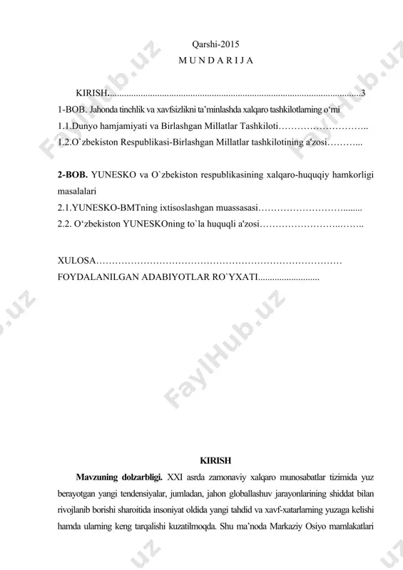 honning turli mintaqa va hududlarida qarama-qarshilik va ziddiyatlar qonli mojarolar, xalqaro terrorizm. ekstremizm, narkotrafik kabi xavf-xatarlar tobora kuchayib bormoqda, fashizm degan balo yana bosh kо‘tarmoqda. millatchilik, shovinizm singari ofatlar maydonga chiqmoqda. prezidentimiz 2015 yil 9 may xotira va qadrlash kuni munosabati sо‘zlagan ma’ruzasida “butun insoniyatni tashvishga solayotgan bunday murakkab sharoitda barcha tinchliksevar kuchlarning say-harakat va imkoniyatlarini yagona maqsad yо‘lida safarbar etish, birlashgan millatlar tashkiloti xavfsizlik kengashi va boshqa nufuzli xalqaro institutlarning о‘rni va ta’sirini kuchaytirish yanada muhim ahamiyat kasb etmoqda”1 deydi.shuni alohida qayd etish lozimki, yurtboshimiz nutqida har tomonlama asoslab berilgan, tobora dolzarb ahamiyat kasb etib borayotgan masalalar, jumladan, mintaqamizda va butun dunyodagi tinchlik va xavfsizlikni ta’minlash bu borada bmt bilan hamkorlikni yanada rivojlantirish va faollashtirish – bularning barchasi jahon jamoatchiligidan birgalikdagi doimiy say-harakatlarni talab etadigan ustuvor vazifalardir. shunga ko`ra, ushbu bitiruv malakviy ishda birlashgan millatlar tashkilot bilan o`zbekistonning munosabatlarini kengroq o`rganilishini ta’minlash, shu asosda bmt mingyillik rivojlanish maqsadlari doirasida …