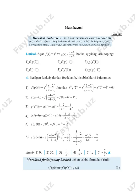asosiy tushunchalarni mustaqil ishlash uchun adabiyotlar ro’yhxatini aytadi. 1.2. o’quv mashg’uloti mavzusi, maqsad, reja va o’quv faoliyat natijalarini aytadi. 1.3. o’quv mashg’ulotida o’quv ishlarini baholash mezonlari bilan tanishtiradi. 1.1. eshitadi. 1.2. zarur axborotlarni yozib oladilar. 2-bosqich. asosiy (60 min.) 2.1.tayanch iboralar bilan tanishtiradi. (ilova №1) 2.2.talabalar bilimini faollashtirish maqsadida “aqliy hujum” metodidan foydalaniladi.(ilova №2) 2.3.guruhlarga bo’ladi. zig-zag usulini qo’llaydi. ( ilova №3) 2.4.matnni beradi ( ilova №4) 2.5.taqdimot qilishni e’lon qiladi. 2.6.mavzuni tizimlashtiradi. o’quvchilarga mavzuning asosiy tushunchalariga e’tibor qilishni va yozib olishlarini ta’kidlaydi. 2.7.topshiriq –misollar beradi. ( ilova №5) 2.8.taqdimot qilishni e’lon qiladi. 2.1. yozadilar. 2.2.oldingi ta- yanch bilimlarga suyangan holda o’ylaydi, javob beradi. 2.3.topshiriqni oladilar. 2.5.taqdimot qiladilar. 2.6. qoida va ta’- riflar mazmunini muhokama qila- dilar, yozadilar. 2.7.misollarni yechadilar. 2.8.taqdimot qiladilar. 3-bosqich. yakuniy (10 min.) 3.1. mavzuga yakun yasaydi. elementar funksiyalar hosilasi haqida o’quvchilarda yuzaga kelgan savollarga javob beradi. 3.2. o’quvchilar e’tiborini asosiy masalalarga: elementar funksiyalar hosilasini topish formulalaridan …