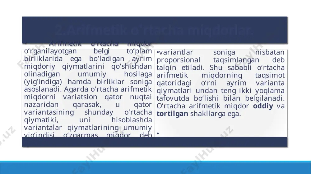 ar) soniga ega bо‘lgan varianta qiymati bilan belgilanadi. oraliqli qatorlarda moda quyidagi formula yordamida aniqlanadi: bu yerda 0 -moda; x0 - modal oraliq (guruh) ning quyi chegarasi; f0-modal oraliqdagi birliklar (variantlar) soni; f0-1 -undan olingan oraliq (guruh) dagi birliklar soni; f0+1 -undan keyingi oraliqdagi birliklar soni. mediana mediana deganda tо‘plamni teng ikkiga bо‘luvchi belgining qiymati tushuniladi. saflangan qatorlarda mediana о‘rtada joylashgan varianta qiymatiga teng. agarda saflangan qator toq hadli bо‘lsa, masalan, 9 yoki 15 haddan iborat bо‘lsa, u holda 5-had yoki 8-had mediana bо‘ladi. toq oraliqli qatorlarda mediana quyidagi formula yordamida hisoblanadi: juft sonli oraliqli qatorlarda esa: bu yerda: ye -mediana; x0-mediana bо‘lgan oraliq (guruh)ning quyi chegarasi; fe-1-medianadan oldingi oraliq uchun jamlama birliklar soni; fe-mediana bо‘lgan oraliqdagi birliklar soni; ie -mediana oralig‘ining kattaligi; k-oraliqlar (guruhlar) soni; fj-hamma guruhlardagi birliklarning jamlama soni. tasniflash va guruhlash statistik to'plamlar tuzish va ularni chegaralash bilan uzviy bog'langan bo'lib, ommaviy hodisa va jarayonlarni o'rganish hamda …