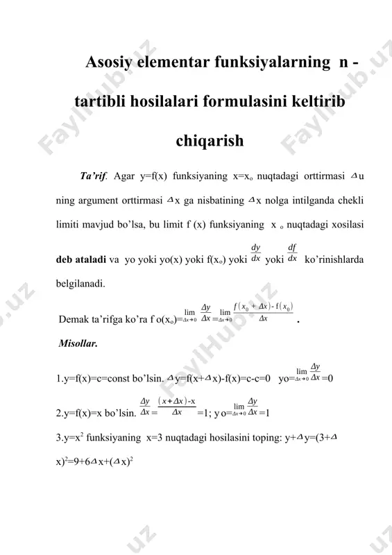 xam shu x nuqtada hosilaga ega bo’ladi. parametrik ko’rinishda berilgan funksiyaning xosilasi. agar tenglamamiz parametrik ko’rinishda berilgan bo’lib, (t), (t) funksiyalar differensiallanuvchi va o(t)0 bo’lsa yaoni formula o’rinli bo’ladi. asosiy elementar funksiyalarning hosilalari. 1. y=xn (x>0) darajali funksiyaning xosilasini topaylik. funksiya xosilasining ta’rifiga ko’ra у=(х+х) н-хн=х н[-1ё] , = =; =n ajoyib limitni e’tiborga olsak ==nхн-1. yо=(хн)о=nхн-1. 2. y=х (>0 , 1) ko’rsatkichli funksiyaning xosilasi. y=-х= х (-1); =, =ln ajoyib limitga ko’ra yо===х =х ln. demak, yо=(х)о=хln 3. y=logах (а>0, а1) logarifmik funksiyaning hosilasi ham yо=(logах)о= logае formula bilan topiladi. agar logае=; logеа=lnа ; logех=lnх ; logхе=. ekanligini e’tiborga olsak yо=(logах)о= kelib chiqadi. agar а=е desak lnа=lnе=1 bo’lib, y=lnх ; yо=(lnх)о= bo’ladi. 4. y=sinх funksiyanig xosilasini topish uchun x ga x orttirma bersak u xam у orttirma olib y=sin(х+х)-sinх=2sin()cоs[] , yо==[]=cоsх. yо=(sinх)о=cоsх xuddi shuningdek o’rta maktab dasturidan bizga mahlum bo’lgan boshqa trigonometrik funksiyalarning xosilalarini xisoblash mumkin: (cоsх)о=-sinх ; (tgгх) …