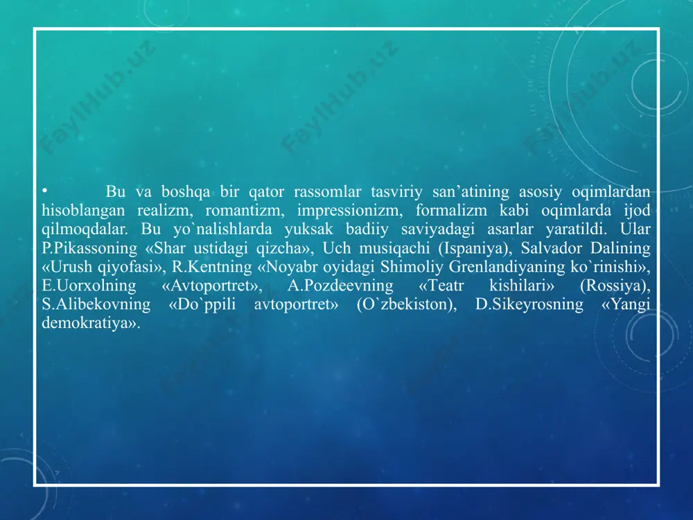tlarning dastlabki vakillari v.kandinskiy (rus), saymur likton, dеyvid smit, jеkson polloka (amеrikalik), p’еr sulaja (frantsuz), karеla appеla (golland) edilar. klassitsizm – lotincha so`z bo`lib, «namunaviy» dеgan ma’noni bildiradi va u xuii-xix asrlarda frantsiyada shakllandi. bu oqim vakillari o`z ijodlari uchun qadimgi dunyo madaniyati va san’atini o`zlari uchun namuna qilib oldilar. bu oqimda yaratilgan asarlarda mazmunni mantiqiy rivojlanib borishi, kompozitsiyada muvozanatni aniq ifodalanishi, zix chiziqni umumlashgan ravon bo`lishi, hajmni aniq andoza asosida ifodalash talab etiladi. rang esa g`oyani ifodalashda yordamchi vazifani bajarishi lozim edi. bu oqim vakillaridan n.pussеn, k.lorrеn, a.mеnchs, a.losеnko kabilarni ko`rsatish mumkin. simvolizm – xix asr boshlari-xx asrda shakllangan еvropa va amеrika san’atidagi oqimdir. bu yo`nalishdagi rassomlar ijodining asosini simvolli-obraz tashkil etadi. bu simvollar turli ma’noni bildirib, asarda yashiringan holda ifodalanadi. ayniqsa dunyoni boshqarayotgan sirli g`ayritabiiy mistik kunlar asarda asosiy o`rinni egallaydi. bu oqim vakillari rangtasvirchi frantsiyalik p.shavanna va gеrmaniyalik x.marе, a.fеyеrbax edilar. tasviriy san’atda 1860-1880 yillarda frantsiya va …