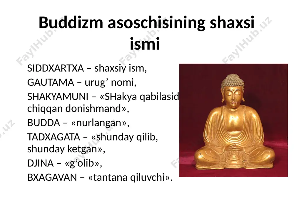 deb biladilar (i asrning oxiri-ii asrning boshlari). ikkinchi guruh esa bu jarayonning boshlanishini biroz ertaroq deb hisoblaydilar. tadqiqotchi b.a. litvinskiyning fikricha, buddizm shimoli-g’arbiy hindiston va janubiy afg’oniston (qandahor) orqali taxminan mil. av. iii asrda baqtriyaga (o`zbekistonning janubiy hududlari) tarqala boshlagan. hozirgi termizdagi qora-tepa, fayoz-tepa, sayram, quva va boshqa joylarda topilayotgan budda haykalchalari yoki ularning parchalari, ayritomdagi ayvon peshtoqi parchasidagi buddist musiqachilarning tasviri va boshqa osori atiqalar, saroy va ibodatxonalar o`rta osiyodagi buddizm haqida xabar beruvchi manbalardir. buddizm dini manbasi tripitaka (yoki tipitaka – «uch savat» ma`nosini anglatadi). tripitaka uch qismdan iborat budda targ’ibotining haqiqiy bayoni hisoblangan sutra matnlari – sutra-pitaka buddizmning falsafiy va psixologik muammolarini bayon qilgan abxidxarma matnlari – abxidxarma-pitaka rohiblik axloqi, xonaqohlar nizomlariga bag’ishlangan vinaya matnlari – vinaya-pitaka buddizm dini oqimlari tsintu xinayana chan’-buddizm tantrizm tenday maxayana lamaizm xinayana oqimi buddizmning asosiy yo`nalishlaridan biridir. xinayana «kichik arava» ma`nosini anglatib, u diniy yo`nalish sifatida mil. av. i asrda shakllangan. …