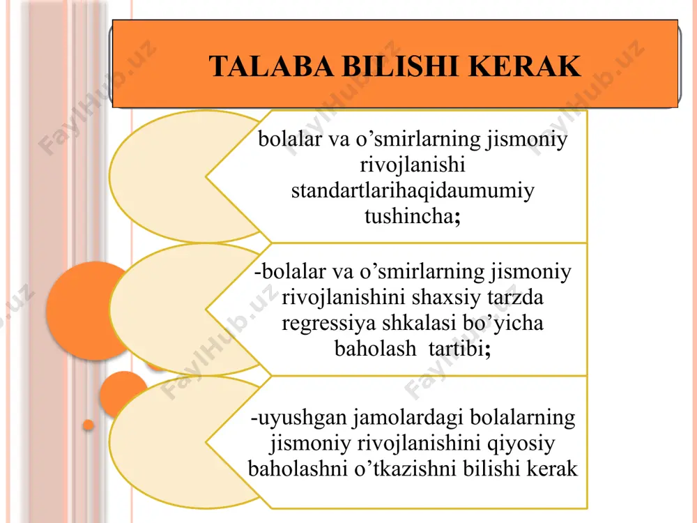 shak to‘qimalari va ularning tarangligi bilan baholash mushaklarning rivojlanganligi dinamometriya usuli bilan baholanib, ularga umumiy baho ballar bo'yicha (1,2,3) beriladi. teri osti yog’ qatlamini nafaqat ushlab ko'rib, uni sirg’aluvchi sirkul yordamida o'lchab ko'rish mumkin. qo'lning mushak kuchini aniqlash qo&amp;apos;lningmushakkuchimushaklarrivojlanishdarajasinibelgilaydivaqo&amp;apos;ldinamometriyordamidao&amp;apos;lchanadi. bundatekshiriluvchitikturibqo&amp;apos;liniyontomongakengyoyadivakaftlaridadinamometrniborkuchibilan(max)sig’adi. tekshiriluv2-3martao&amp;apos;tkaziladivaengkattako&amp;apos;rsatkichkilogrammlardayozibolinadi. 3.somatoskopik ko’rsatkichlar somatoskopiya tadqiqotlari kunduzgi yorug’lik paytida, xona harorati kamida 18-20 darajada issiq bo'lganda o'tkaziladi. somatoskopiya jarayonida gavda, ko'krak qafasining, qorinning, qo’l va oyoqlarning shakli, yog’ bosish darajasi, mushaklar va suyak tizimlari rivojining xususiyatlari aniqlanadi. somatoskopiya usuli bolalar va o'smirlarning tana tuzilishi turini hamda konstitutsiyasini aniqlashga imkon beradi. skoliozometr charm obruch va unga biriktirilgan yukli santimetrli lentadan iborat. shundan so'ng u tik turadi va uning bo'yniga (vii bo'yin umurtqasi balandligida skoliozometr obruchi kiyg’aziladi. skoliozometr vertikal tushgan lentasidan tekshiriluvchi umurtqa pog’onasining qiyshayganligi shu tarzda baholanadi. mumkin. qomatni o'rganish qomat – odamning erkin turgandagi holati, umurtqa pog’onasi shakli to’g’ri rivojlanganligi va mushaklar tonusi hisobiga qomat tuzilishi turlicha bo'ladi. qomatlar quyidagicha: to‘g’ri, …