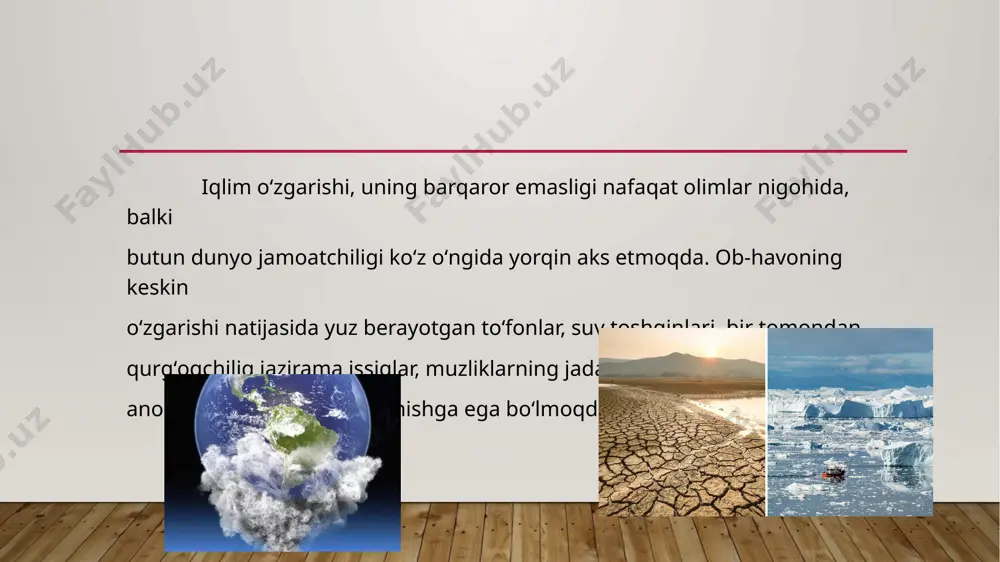 ga hissa qoʻshdi. bundan tashqari, har doim katta migratsiyalar harbiy-siyosiy fenomen (hodisa) boʻlib, hududlarda ijtimoiy-siyosiy tartibni silkinishiniga olib keladi statistik ma’lumotlarga koʻra, 1950-yildan 2015-yilgacha dunyo aholisi 4,5 mlrd. kishiga (2,9 barobar) oshdi va oshishni davom etmoqda. buni “shimol” va “janub” ning demografik muvozanatining buzilishida koʻrish mumkin. bu migratsiyaning tez oʻsishiga, sayyoramizning shimolidagi rivojlangan mamlakatlarga bosim va xalqaro migrantlarning koʻpayishiga olib keldi. jahon bankining 2013-yilda hisob-kitoblariga koʻra, 2010-yilda migrantlarning butun dunyoda soni 247 mln. boʻlsa, 2015-yilda 250 mln.dan oshdi. kelajakda migratsiya bosimi faqat oshadi. yevrostat ma’lumotiga koʻra, 2015-yilda 1,25 million odamlar yashash uchun yevropa davlatlardan ruxsat soʻradilar. migrantlar soni koʻpayishni davom etmoqda. chunki nafaqat yuqorida koʻrsatilgan omillar, balki yangi omil boʻlgan iqlim oʻzgarishi, dunyo okeanida suvning koʻtarilishi, qurgʻoqchilik va boshqalar ham sabab boʻlmoqda. iqlim migratsiyasining mexanizmi: 1.global iqlim oʻzgarishi; 2. xavfli tabiiy ofatlar, atrof-muhit degradatsiyasi masshbatining oʻsishi; 3. jismoniy halokat va ijtimoiy-iqtisodiy krizis; 4. majburiy yoki ixtiyoriy migratsiya. tabiiy falokatlar iqlim …