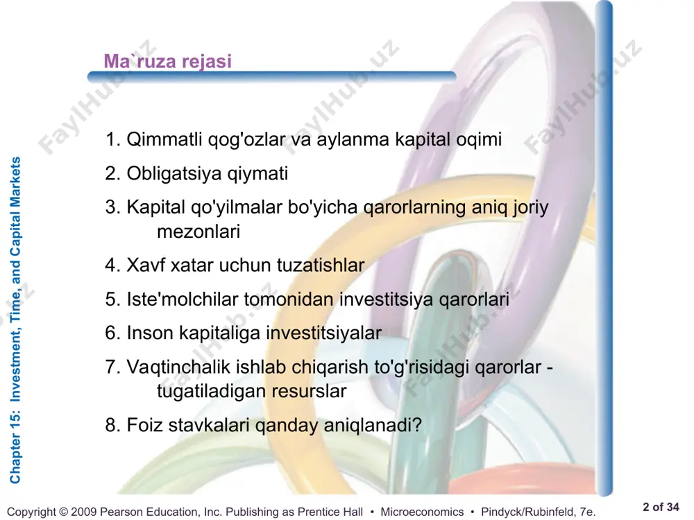 kunda xarajatlarni kelajakda olinadigan foyda bilan taqqoslashni o'z ichiga oladi chapter 15: investment, time, and capital markets * of 34 copyright © 2009 pearson education, inc. publishing as prentice hall • microeconomics • pindyck/rubinfeld, 7e. инвестиция ва капитал бозорлари kapital – bu uzoq muddatli oraliqda ishlatiladigan ishlab chiqarish resursi bo`lib, uning yordamida uzoq vaqt davomidaa ishlab chiqariladi. kapitalning ikki xil turi mavjud: asosiy kapital (uzoq foydalaniladigan uskuna, texnologik liniya, bino, qurilmalar); aylanma kapital (har bir ishab chiqarish tsiklida o`z qiymatini tayyor mahsulot qiymatigao`tkazadigan ishlab chiqarish resurslari, xom-ashyo, materiallar, yarim fabrikatlar va hokazolar.) asosiy kapital uzoq muddatda foydalaniiladi va u o`z qiymatini takror ishlab chiqarish jarayonida o`z qiymatini qayta tiklaydi, ya`ni u ishlatilishi davomida o`z qiymatini ma`lum qismini mahsulot qiymatiga o`tkazadi. aylanma kapital bir yil davomida o`zining butun qiymatini mahsulot qiymatiga o`tkazib qayta tiklanadi. chapter 15: investment, time, and capital markets * of 34 copyright © 2009 pearson education, inc. publishing …