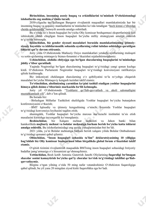 emor o‘rtasida so‘rov o‘tkazdilar va ularning 19 foizi asosan ko‘zoynak taqib yurishlarini aniqladilar. olimlarning ta’kidlashicha, bunday aksessuarlarni kuniga sakkiz soat davomida olib yuradiganlar koronavirus infeksiyasini kamroq yuqtirishadi, shu bilan birga ular yuz va ko‘zlarga kamdan-kam qo‘l bilan tegishadi. shuningdek, ular ko‘zoynaklar shilliq qavat orqali covid-19 infeksiyasini oldini oluvchi himoya omil bo‘lishi mumkinligini isbotladilar. avvalroq mataxassis koronavirus yuqishi xavfini oshiruvchi zararli odatlar haqida fikrini aytib o‘tgan edi. 4-topshiriq. berilgan matnni o‘qing, nutqning qaysi uslubiga tegishliligini aniqlang, til xususyatlarini belgilang va matnga xos so‘z, birikmalarni yozib chiqing prezident shavkat mirziyoyevning bmt inson huquqlari bo‘yicha kengashining 46-sessiyasidagi nutqi hurmatli rais najot shamim xon xonimlari! hurmatli oliy komissar mishel bachelet xonimlari! xonimlar va janoblar! bugun o‘zbekiston inson huquqlari bo‘yicha kengash a’zosi sifatida ushbu uchrashuvda birinchi marta ishtirok etmoqda. biz so‘nggi yillar davomida kengashga a’zo bo‘lish uchun butun mas’uliyatni anglagan holda intilib kelganimizni ta’kidlamoqchiman. demokratik islohotlarimiz yangi o‘zbekistonni bunyod etishga qaratilgan bo‘lib, bu o‘zgarishlar ortga …