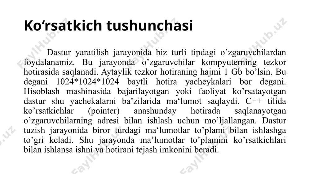 ar bir satri uchun har bir satrni o‘chiramiz massivni o‘chiramiz 34 35 ko‘rsatkichlar va simvolli satrlar char str[10] = "0123456"; char *p; p = str; *p = 'a'; p ++; *p = 'b'; p ++; strcpy ( p, "cd" ); strcat ( p, "qqq" ); puts ( p ); // simvolga ko'rsatkich // yoki & str[0] // "a12345" // str[1] ga o'tish // "ab2345“ // str[2] ga o'tish // "abcd" // "abcdqqq" http://acm.tuit.uz 35 tamom image1.png image2.png image3.png image4.png image5.png image6.png image7.png image8.png image9.png image10.png image11.png image12.png image13.png image14.png image15.png image16.png image17.png image18.png image19.png image20.png image21.png image22.png image23.png image24.png image25.png image26.png image27.png image28.png image29.png image30.png /docprops/thumbnail.jpeg