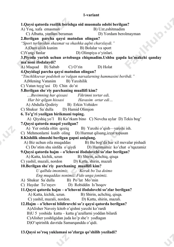 d olimjon 6. to’g’ri yozilgan birikmani toping. a) qiyshiq yo’l b) ko’rkam bino c) novcha uylar d) tekis bog’ 7.qaysi qatorda maqol yozilgan? a) yer ostida oltin qoziq b) yaxshi o’qish—yaxshi ish. c) mehmonlarni kutib oling d) hurmat qilsang,izzat topasan 8.kishilik olmoshi berilgan gapni aniqlang. a) biz uchun oila muqaddas b) bu bog’da har xil mevalar pishadi c) do’stim shu sinfda o’qiydi d) hammamiz ko’chat o’tqazamiz 9.qaysi qatorda hajm – o’lchovni ifodalovchi so’zlar berilgan? a) katta, kichik, uzun b) shirin, achchiq, qisqa c) yashil, mazali, nordon d) katta, shirin, mazali 10.berilgan she`riy parchaning muallifi kim? u qalbda imonimiz, kerak bo’lsa doimo eng muqaddas nonimiz. fido unga jonimiz. a) shukur sa`dulla b) po’lat mo’min c) haydar to’rayev d) robiddin is’hoqov 11.qaysi qatorda hajm – o’lchovni ifodalovchi so’zlar berilgan? a) katta, kichik, uzun. b) shirin, achchiq, qisqa. c) yashil, mazali, nordon. d) katta, shirin, mazali. 12.hajm – o’lchovni bildiruvchi so’z qaysi qatorda …