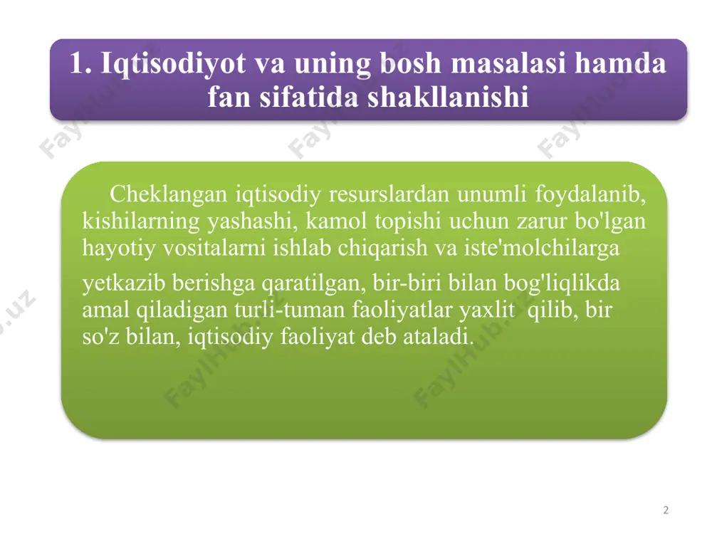 iqtisodiyotning doimiy va bosh masalasi –ehtiyojlarningcheksizligi va iqtisodiy resurslarning cheklanganligidir. 7 insonning yashashi va kamol topishi, umuman insoniyatning rivojlanishi uchun kerak bo'lgan hayotiy vositalarga bo'lgan zarurati iqtisodiyot nazariyasi fanida ehtiyoj deb ataladi. ehtiyojlar ijtimoiy-iqtisodiy ehtiyojlar ehtiyojlarni iste'mol qilish tavsifiga ko'ra birlamchi ehtiyojlar umumjamiyat ehtiyoj-lari hududiy guruhiy yakka birgalikda qondiriluvchi ehtiyojlar ma'naviy moddiy shaxsiy ishlab chiqarish ikkilamchi ehtiyojlar 8 9 moddiy ehtiyojlar – bu moddiy ko'rinishdagi ne'matlar vositasida qondiriluvchi zaruratdir. bular iste'mol uchun zarur bo'lgan ko'plab hayotiy predmetlarni (ishlab chiqarish va transport vositalari, oziq-ovqat, kiyim-kechak, turar-joy va h.k.) va zeb-ziynat buyumlarini (taqinchoq, atir-upa, turli bezaklar va h.k.) o'z ichiga oladi. ma'naviy ehtiyojlar – bu insonning shaxs sifatida kamol topishi, dunyoqarashi va ma'naviyatining shakllanishi uchun taqozo etiladigan nomoddiy ne'mat va xizmatlarga bo'lgan zaruratdir. ular kishilarning bilim va dam olish, madaniy saviyasini oshirish, malaka-mahoratga ega bo'lish, turli ma'naviy yo'nalishdagi xizmatlardan bahramand bo'lish kabi ehtiyojlardan iborat bo'ladi. 10 shaxsiy ehtiyojlar – kishilarning pirovard iste'moli …